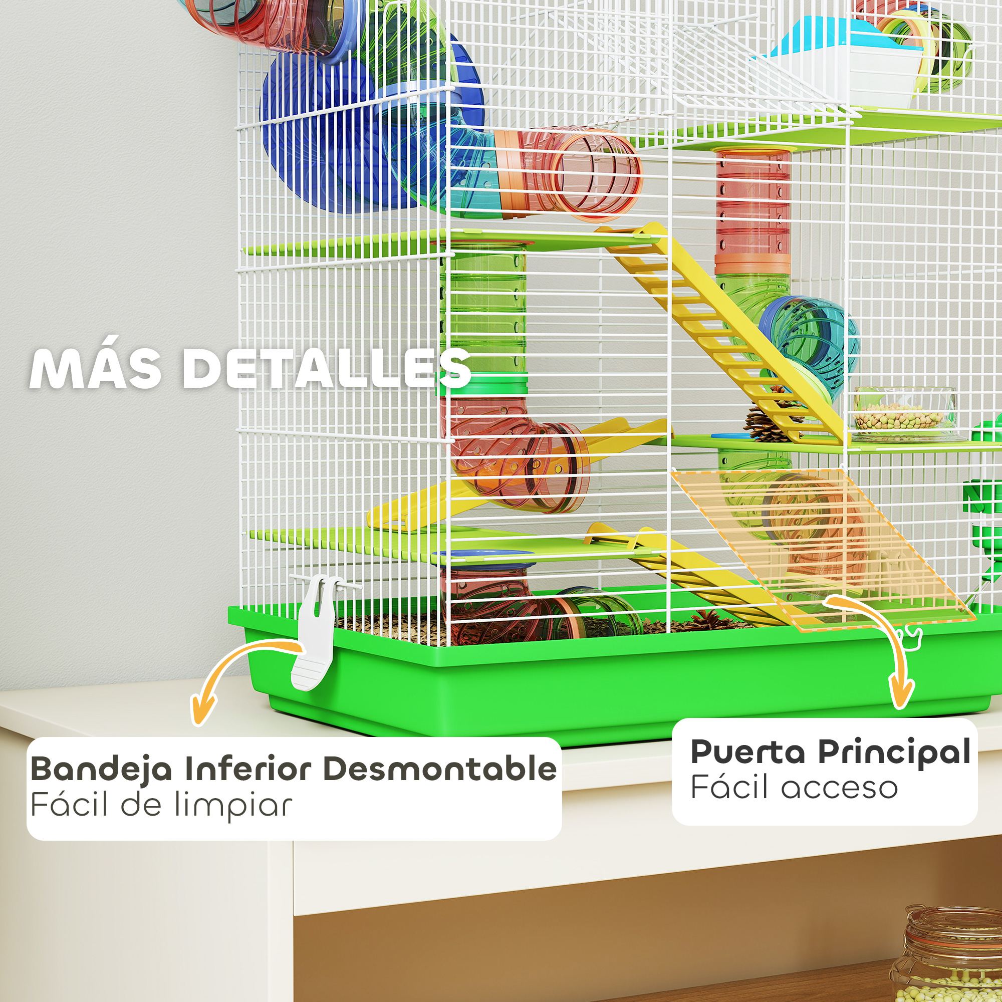 Una jaula colorida para hámster con tubos, rampas y bandeja base verde.