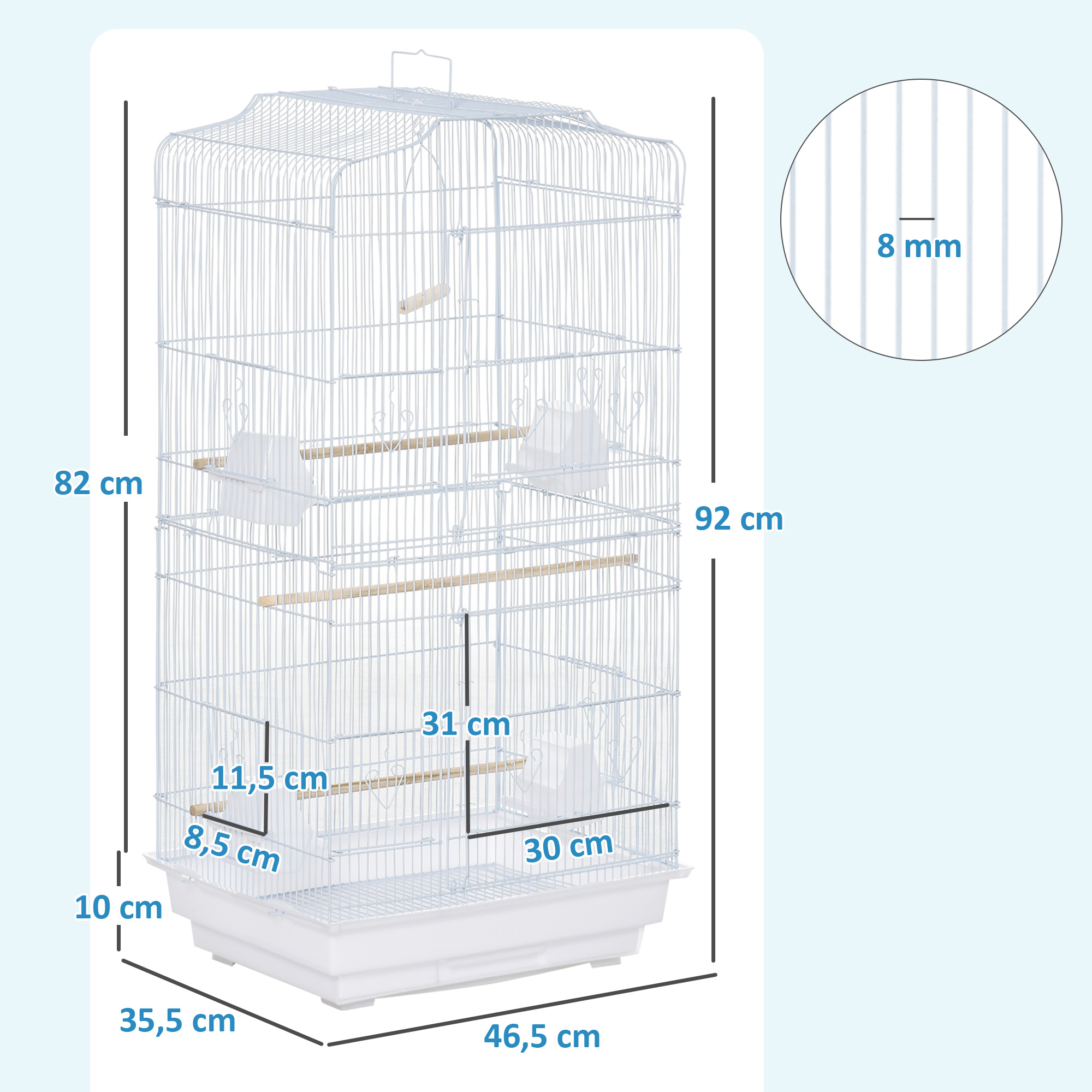 Jaula blanca para pájaros con dimensiones. Altura 82cm/92cm, anchura 30cm, profundidad 35.5cm.