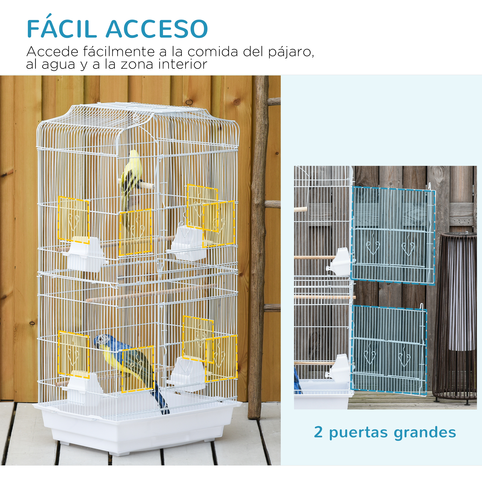 Una jaula blanca para pájaros con dos pájaros y comederos amarillos. Otra jaula al lado.