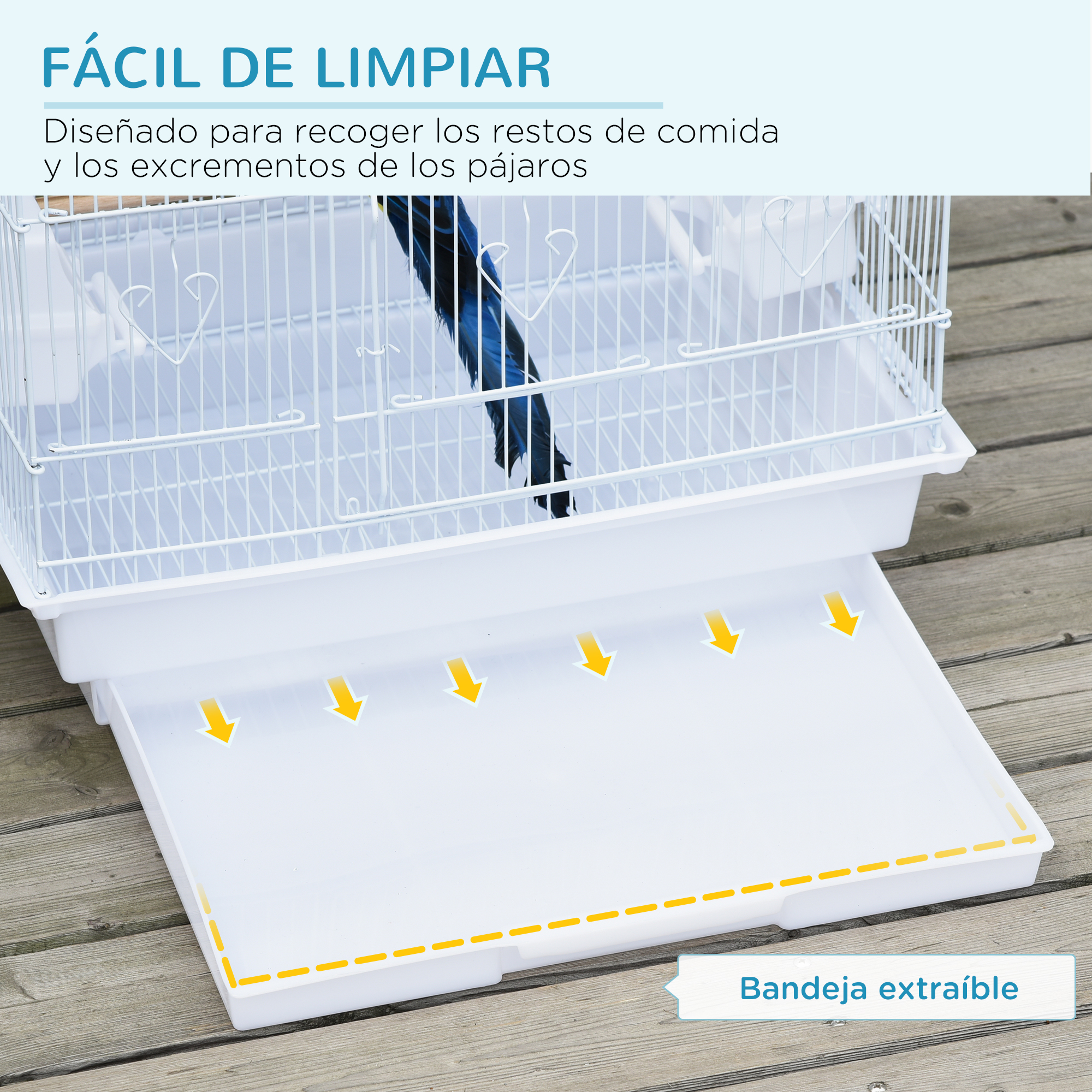 Una jaula blanca para pájaros con bandeja extraíble, indicada por flechas.