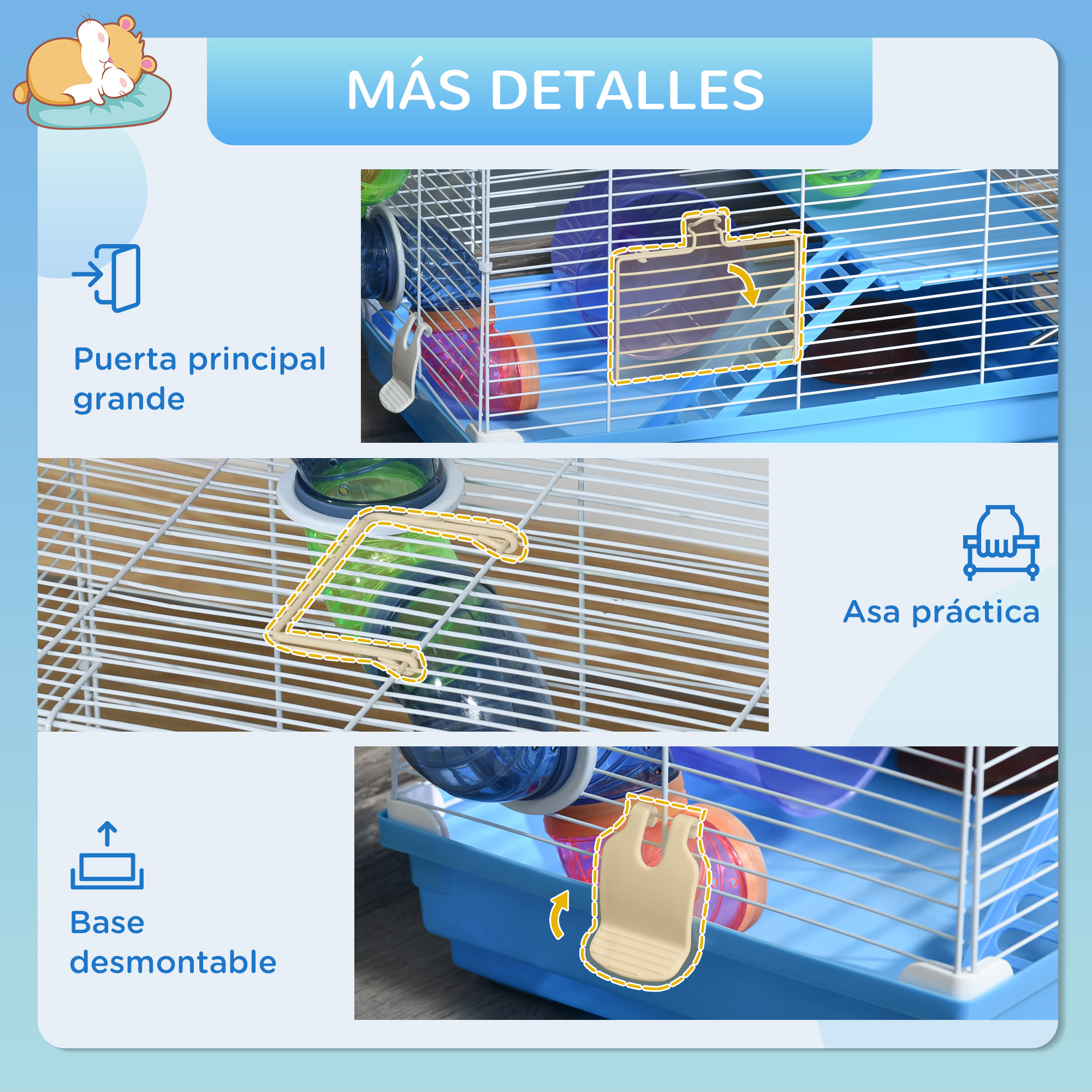 Jaula de hámster con puerta grande, asa de transporte y base extraíble.