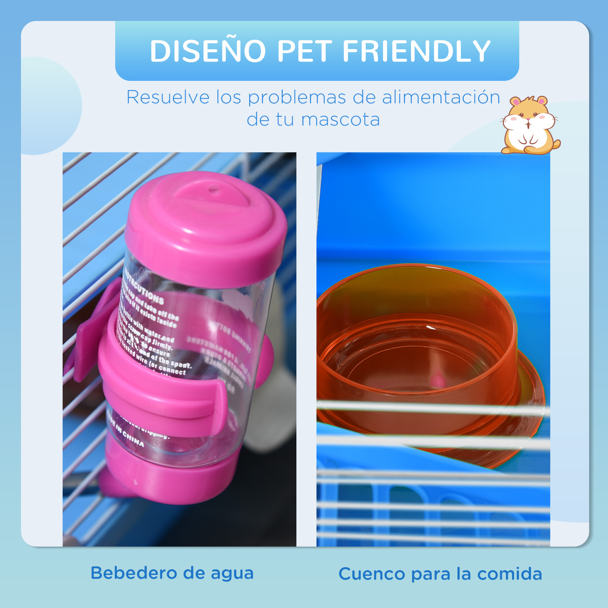 Un dispensador de agua rosa y un cuenco de comida naranja para mascotas en una jaula.