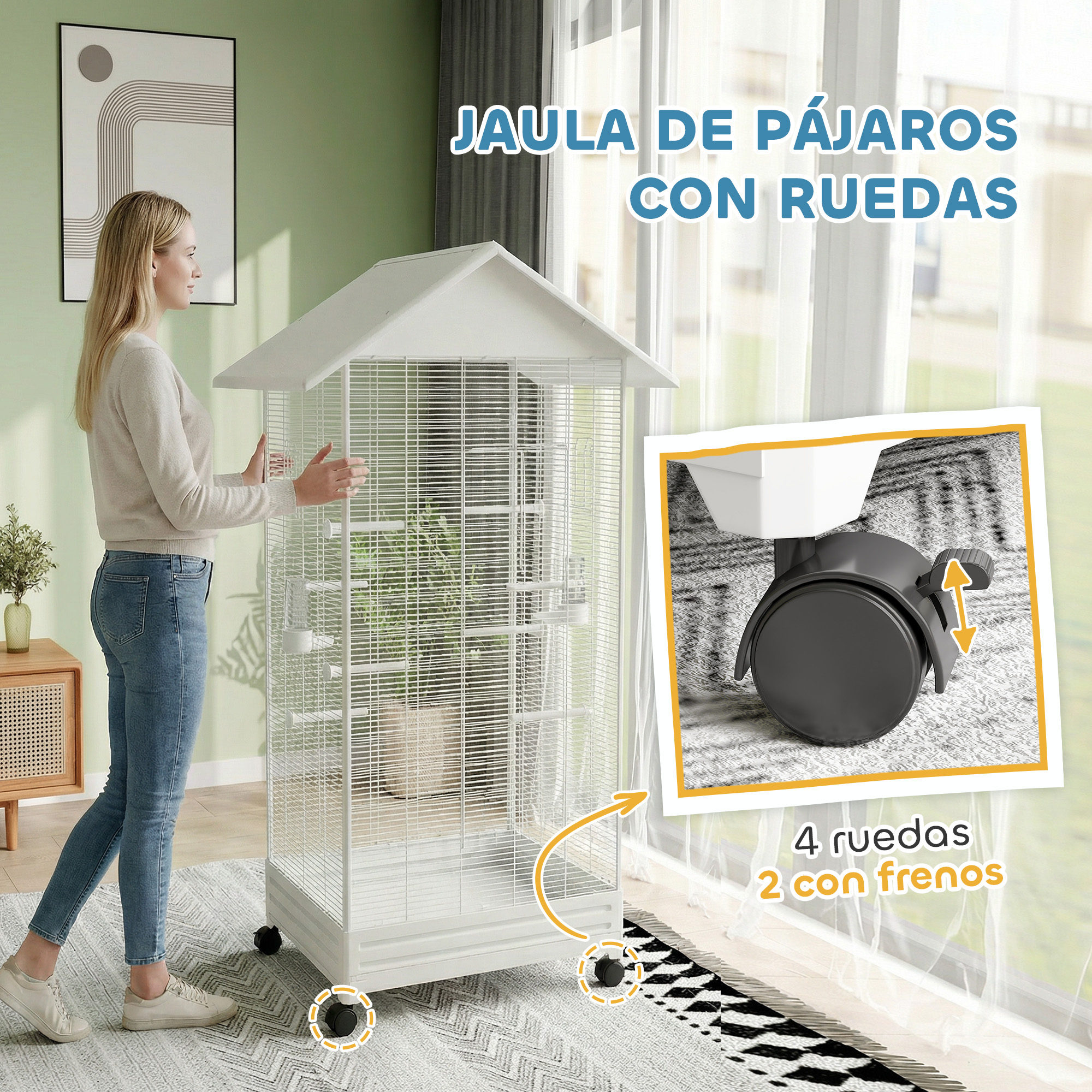Una mujer junto a una jaula blanca con ruedas. Primer plano de las ruedas. Tiene 4 ruedas, 2 con freno.