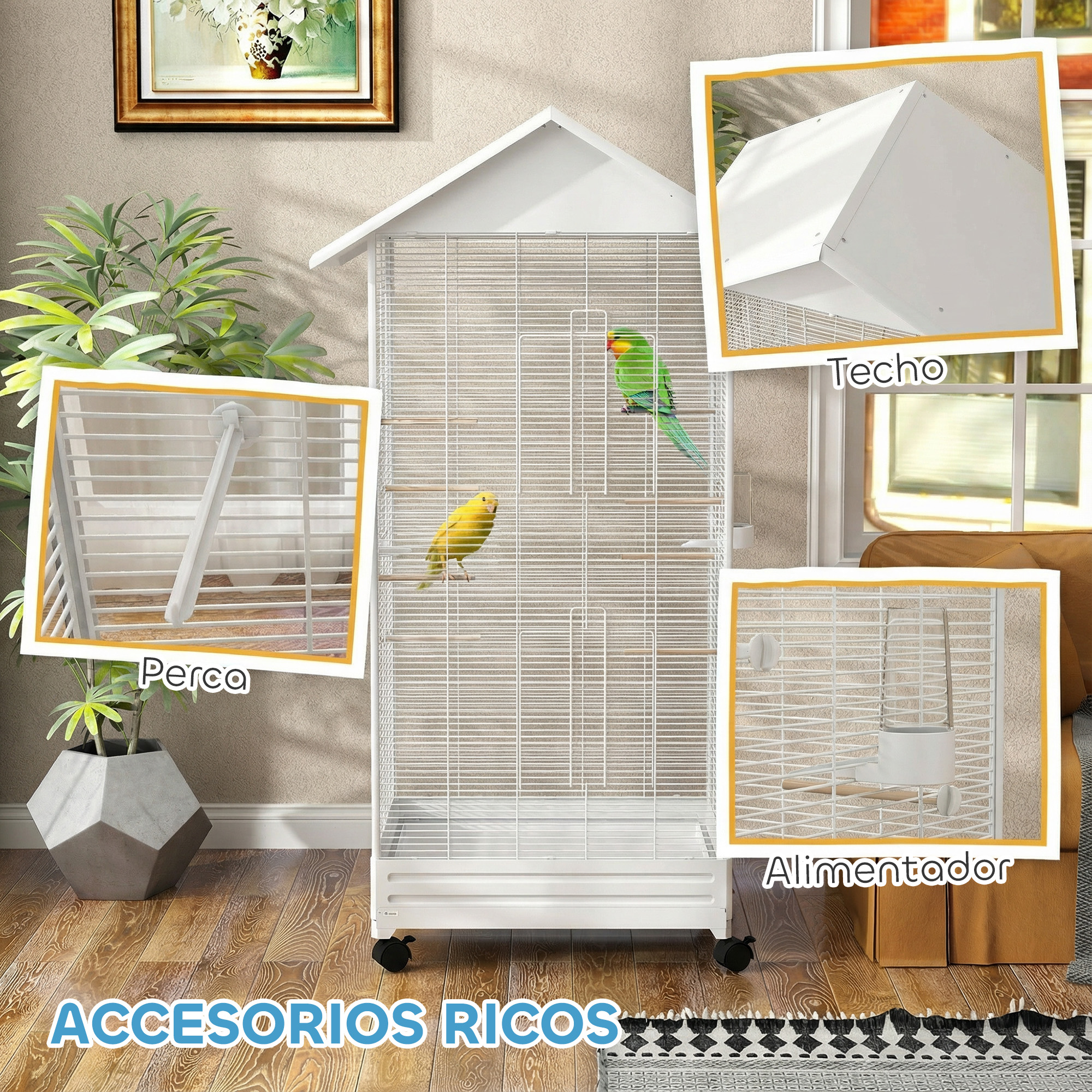 Una jaula blanca para pájaros con dos pájaros, uno amarillo y uno verde.