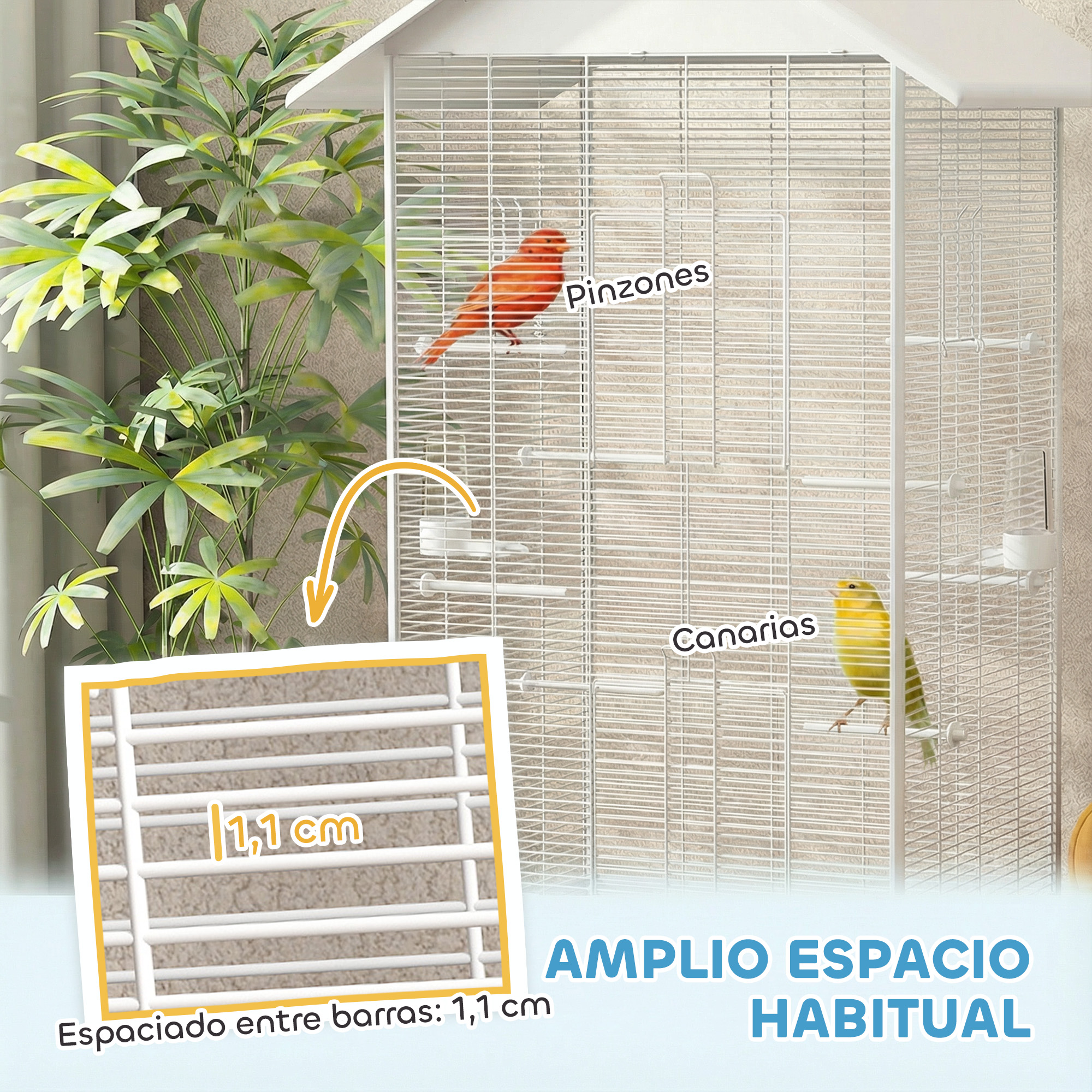 Un canario rojo y uno amarillo en una jaula blanca junto a una planta.