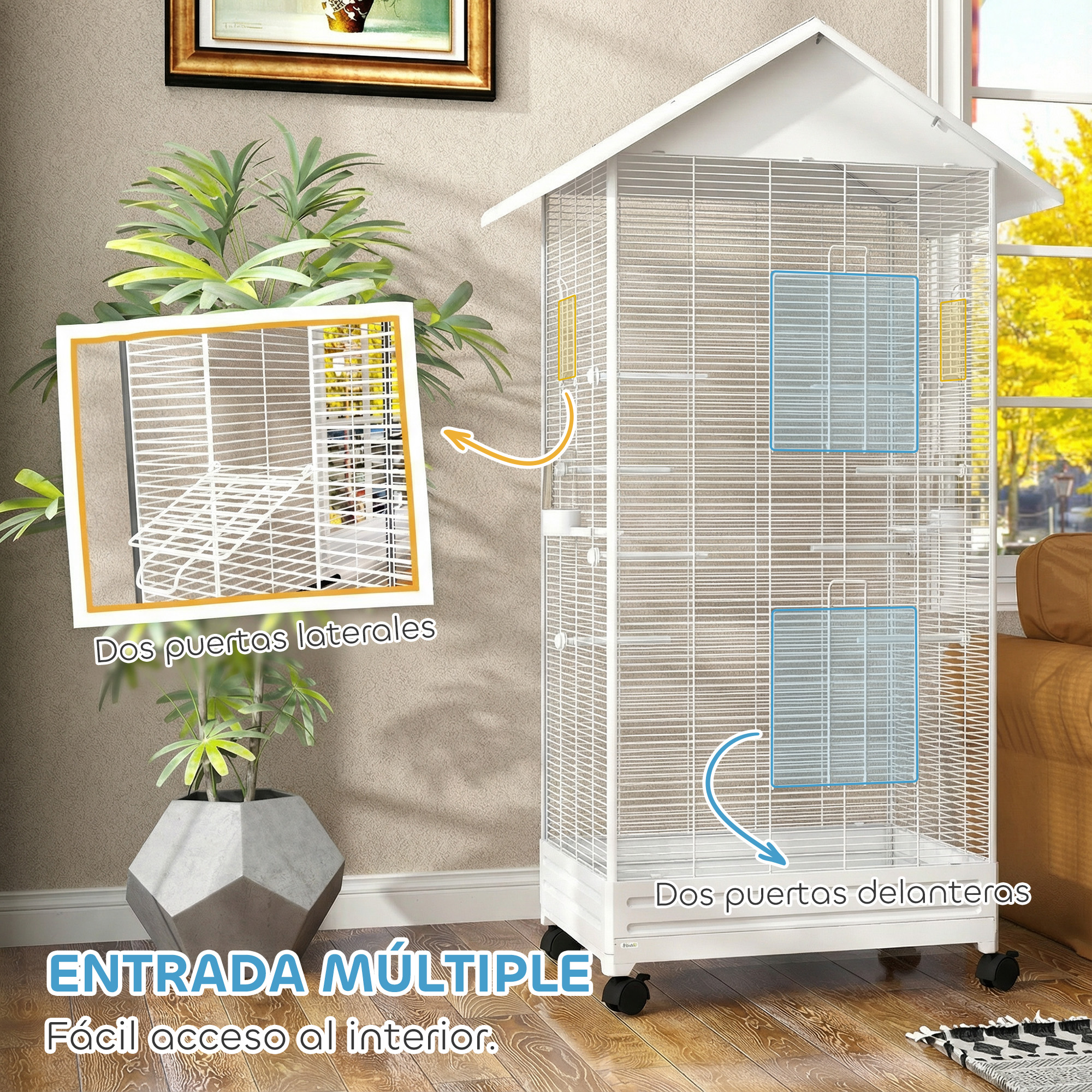 Una jaula blanca para pájaros con varias puertas está sobre ruedas junto a una ventana.