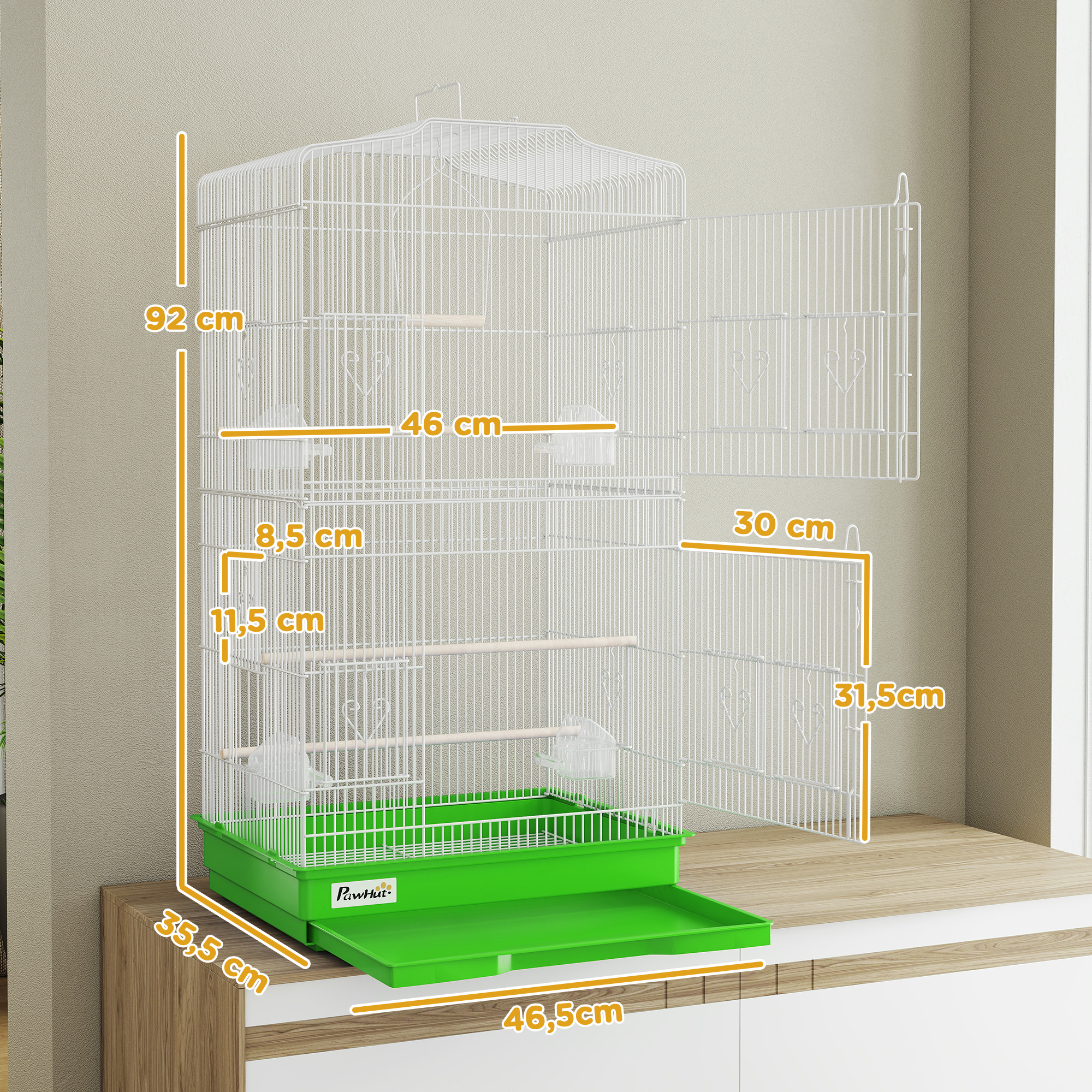 Una jaula blanca para pájaros con base verde y dimensiones.