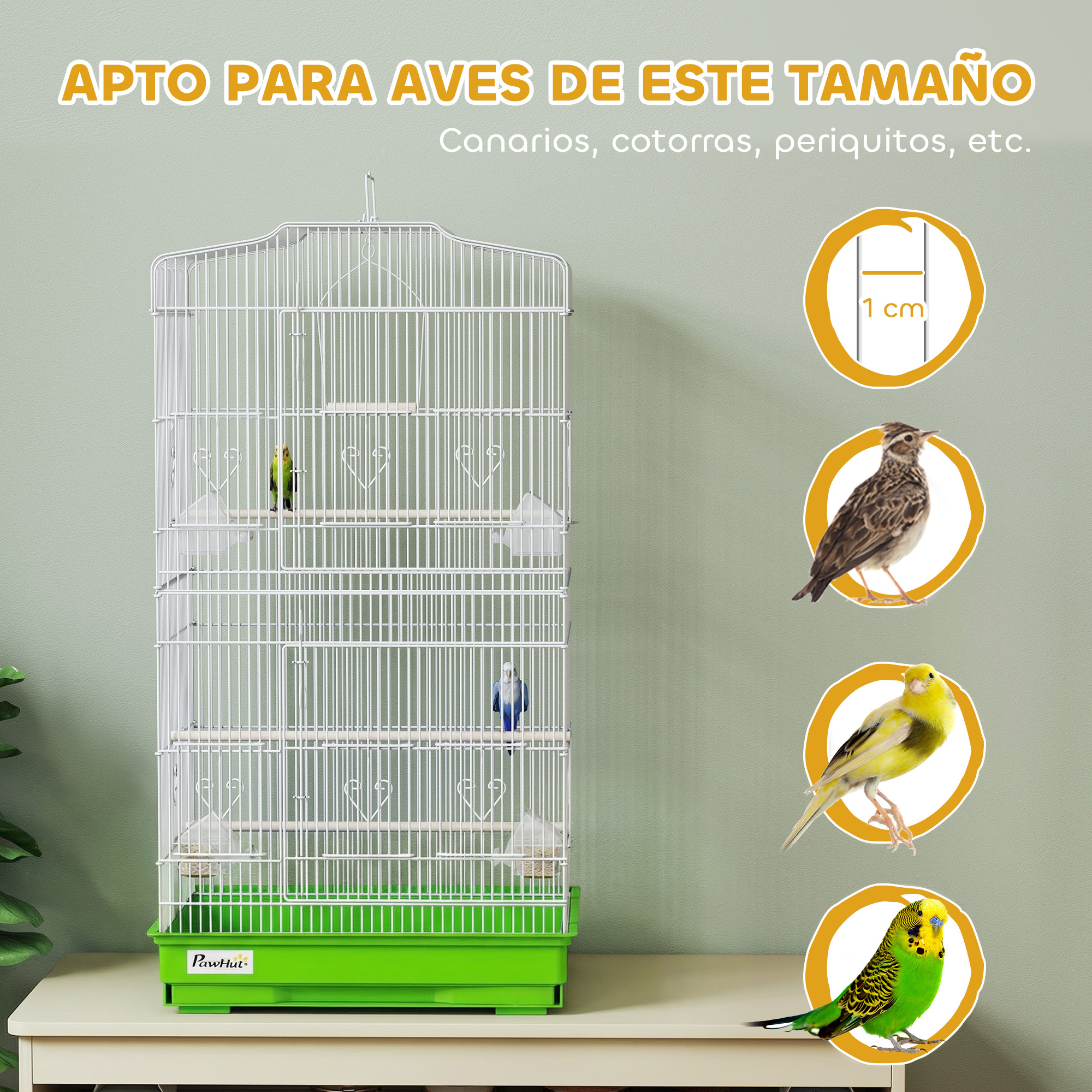 Una jaula blanca para pájaros con pájaros e indicadores de tamaño.