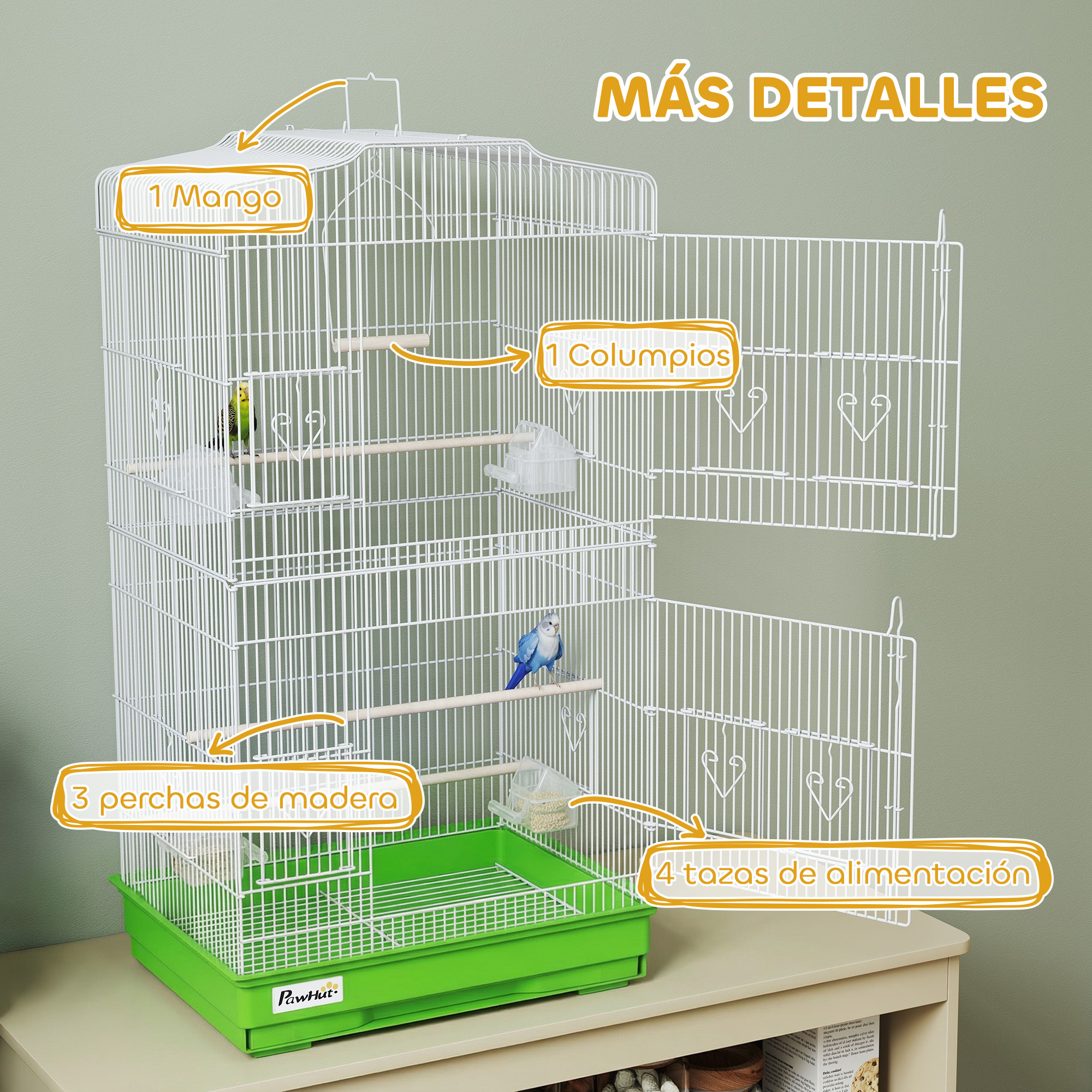 Una jaula blanca para pájaros con pájaros, perchas, columpios, comederos y bandeja verde.