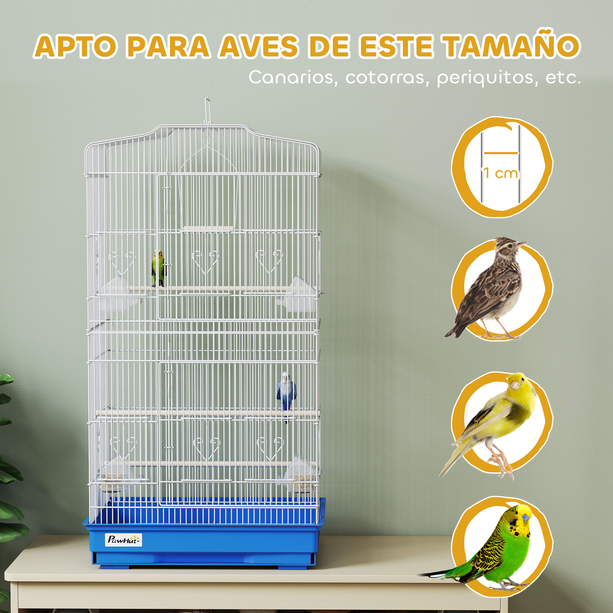 Una jaula blanca para pájaros con dos pájaros y fotos de tres especies.