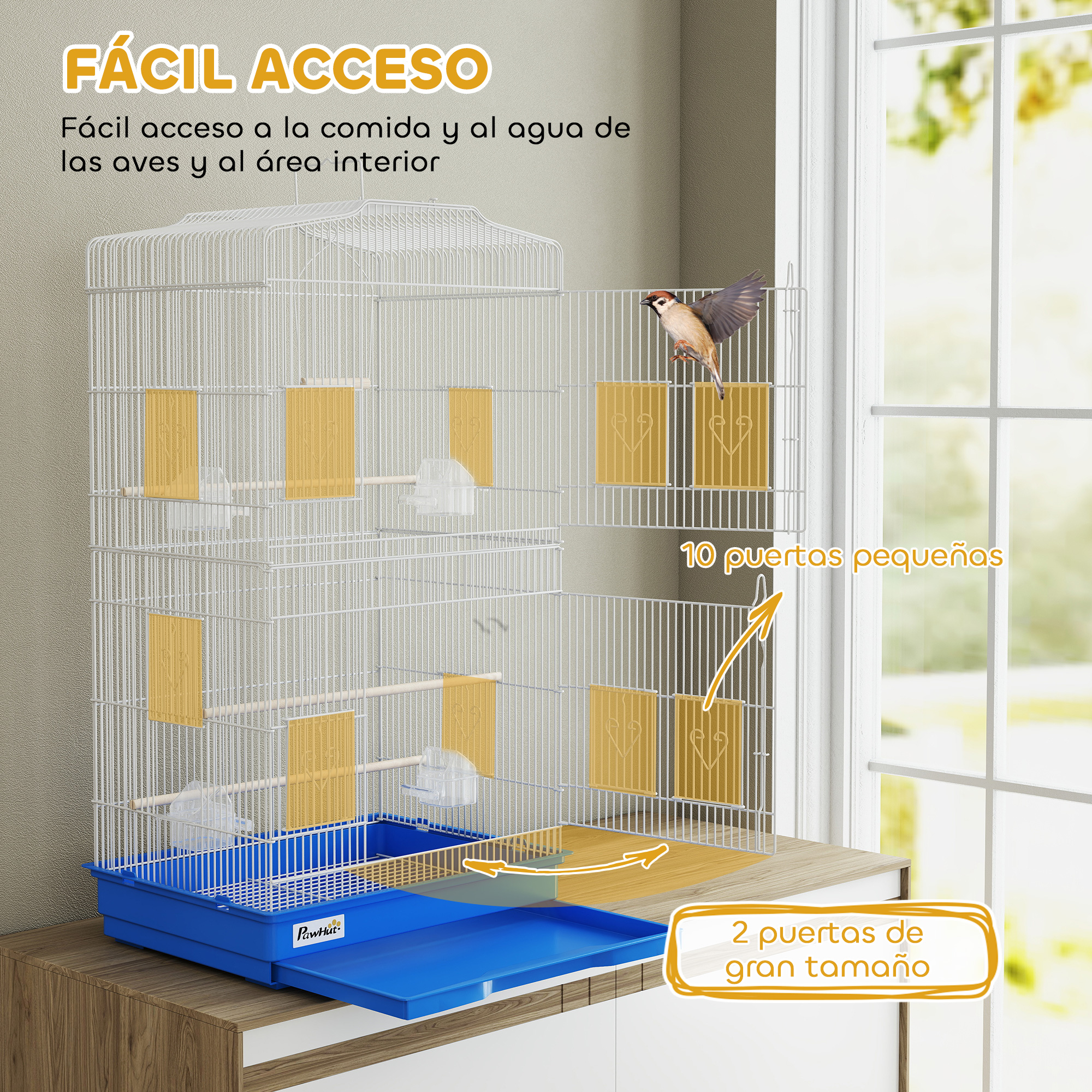 Una jaula blanca para pájaros con base azul está sobre una mesa.