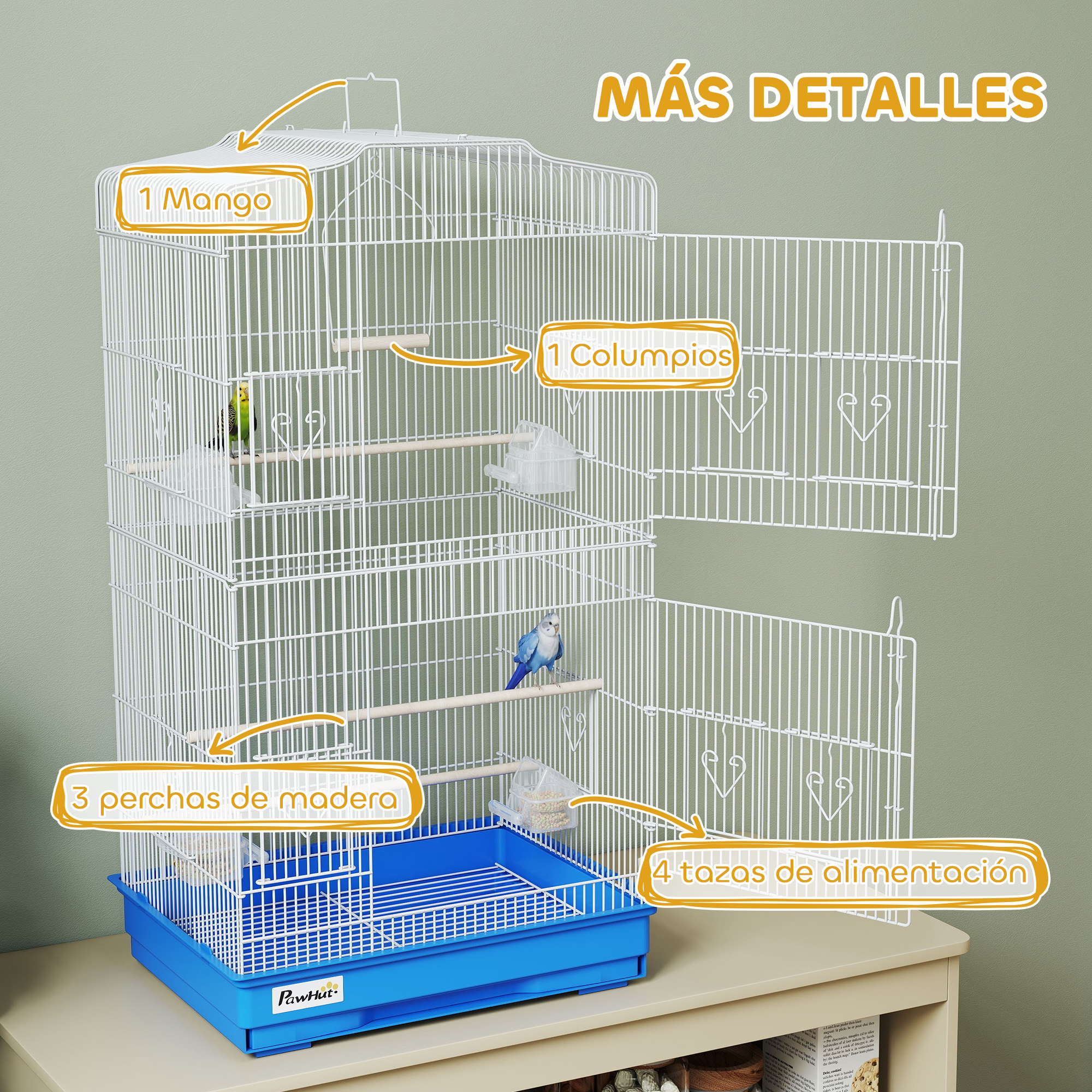 Una jaula blanca para pájaros con dos pájaros, perchas, comederos y un columpio.