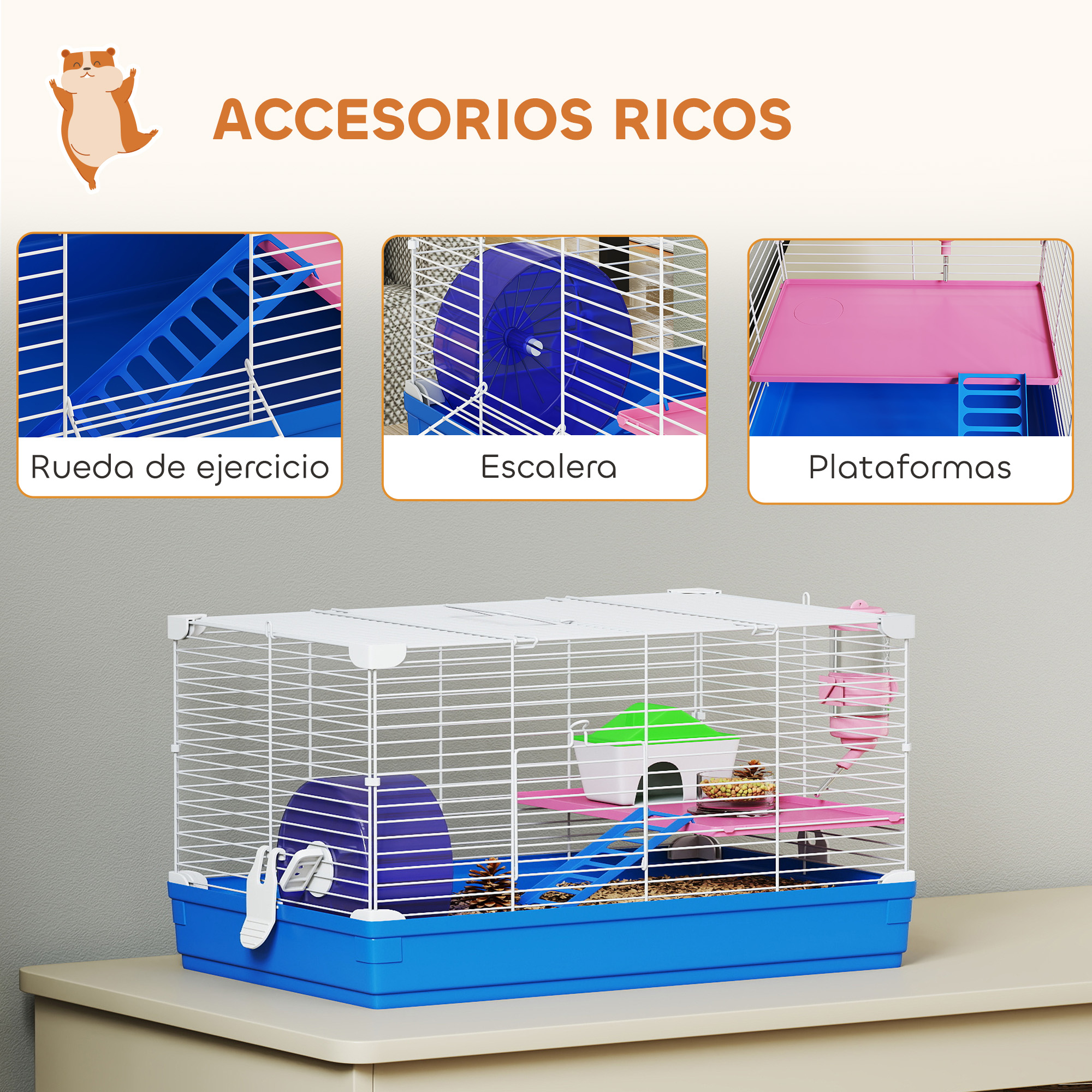 Una jaula para hámster con base azul, rueda de ejercicio, escalera y plataformas.