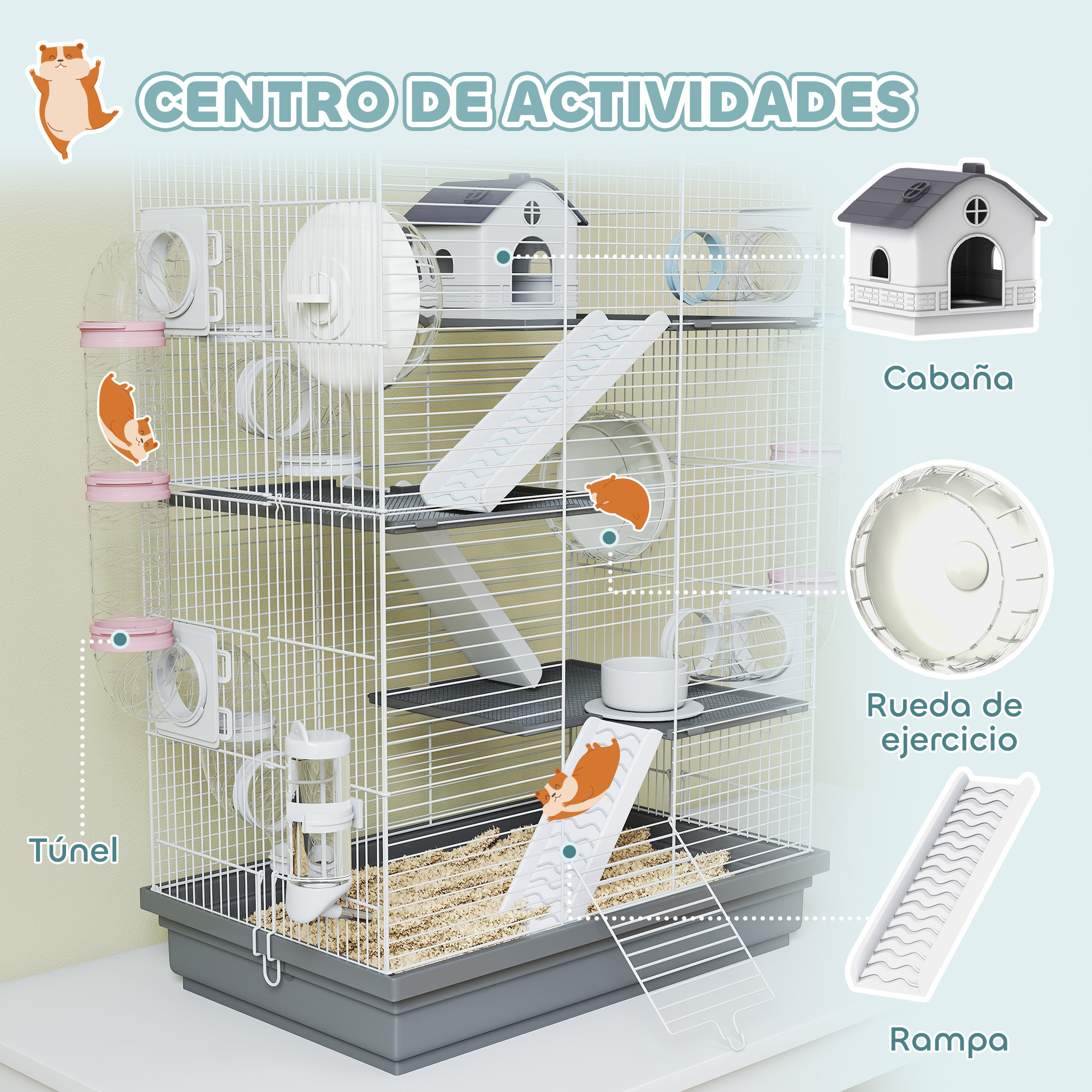 Una jaula para hámsters con túneles, casas, ruedas y rampas.