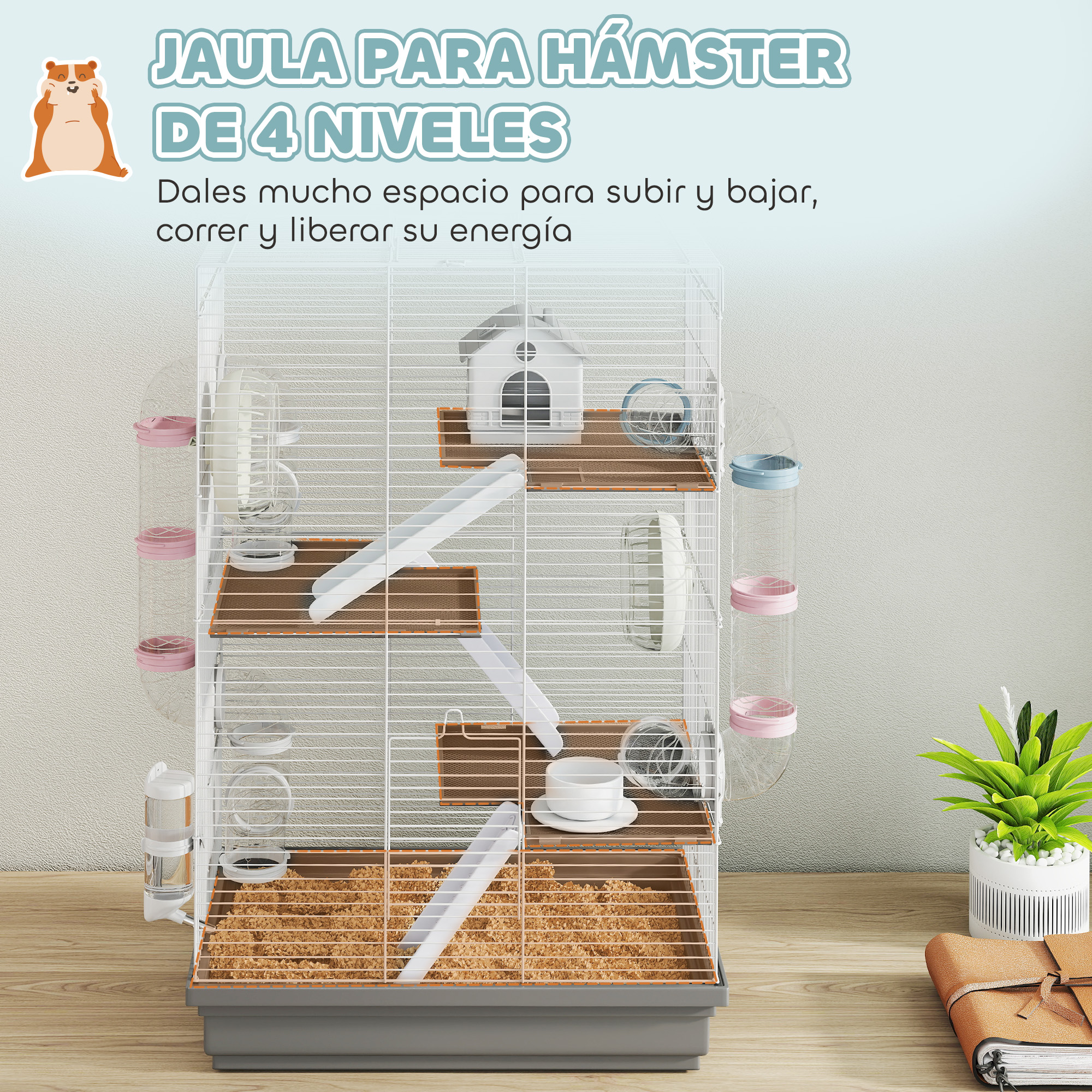 Una jaula blanca de alambre para hámster de varios niveles con rampas, tubos, comedero y bebedero.