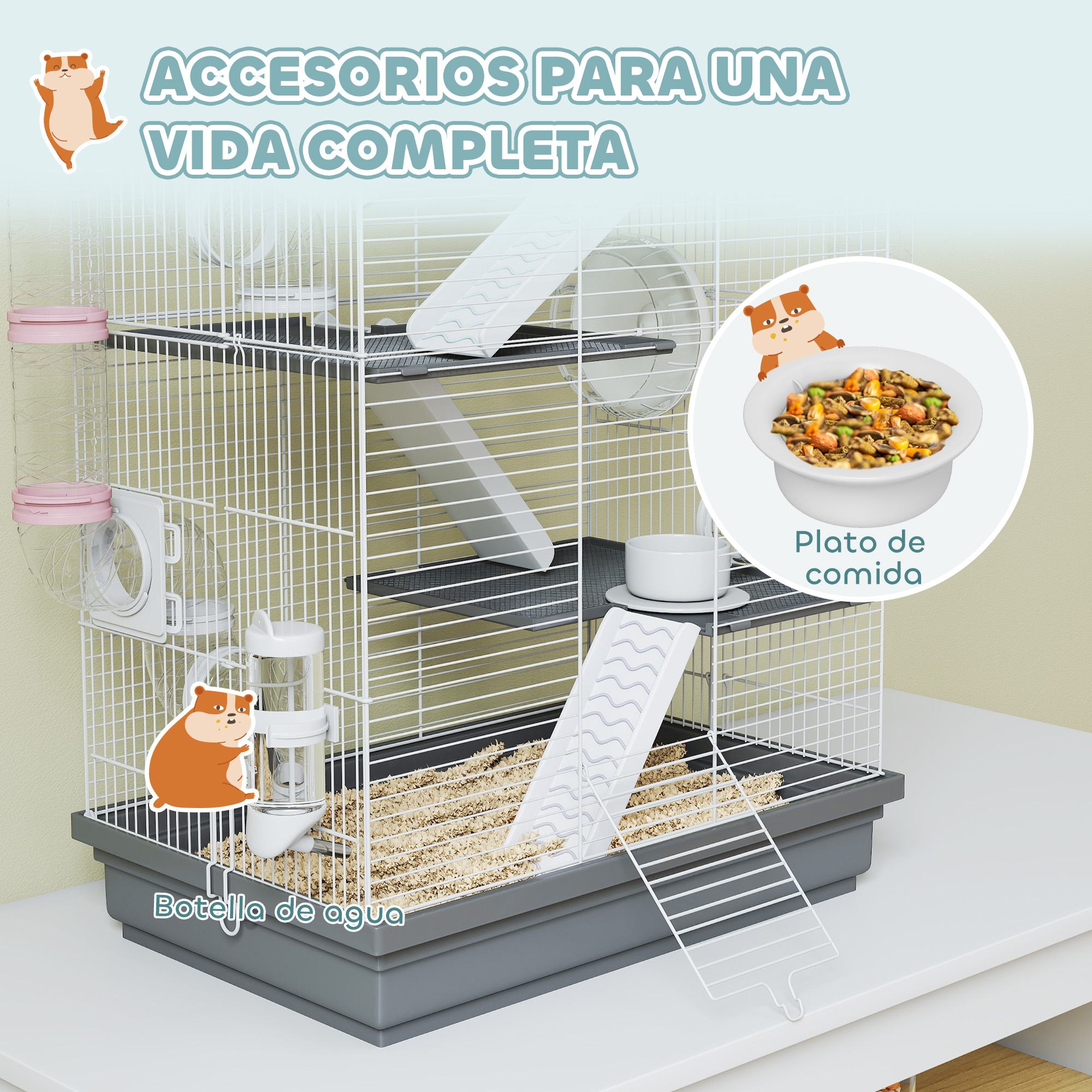 Una jaula de hámster con comida, botella de agua, rampas e ilustraciones.
