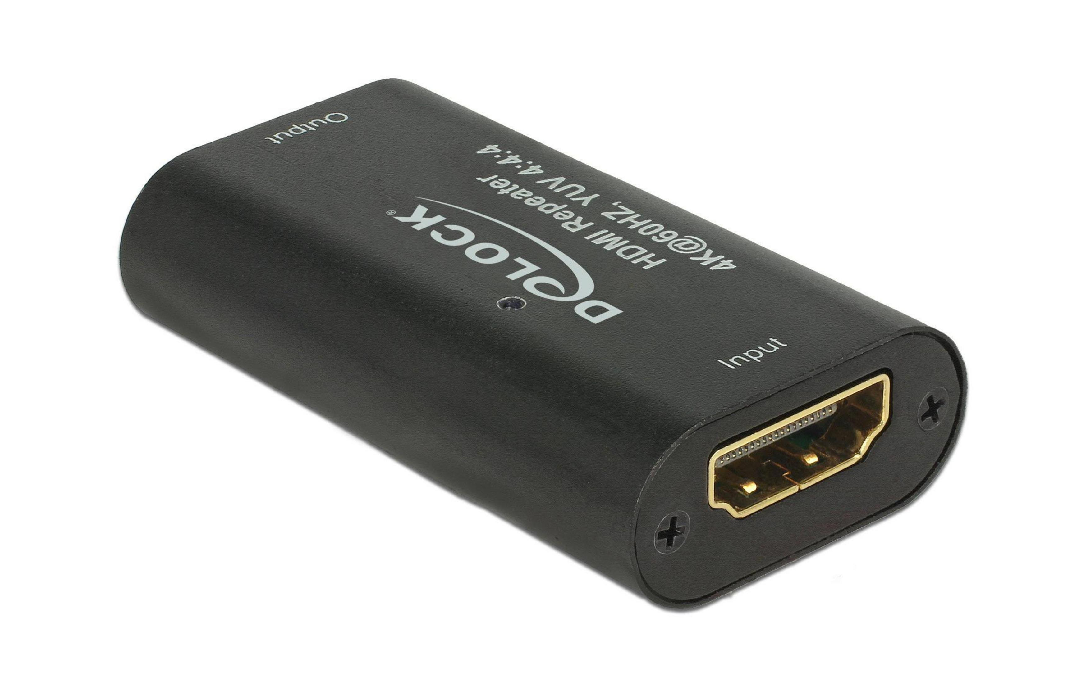 Ripetitore HDMI Delock nero con porte di ingresso e uscita. Supporta 4K@60Hz.