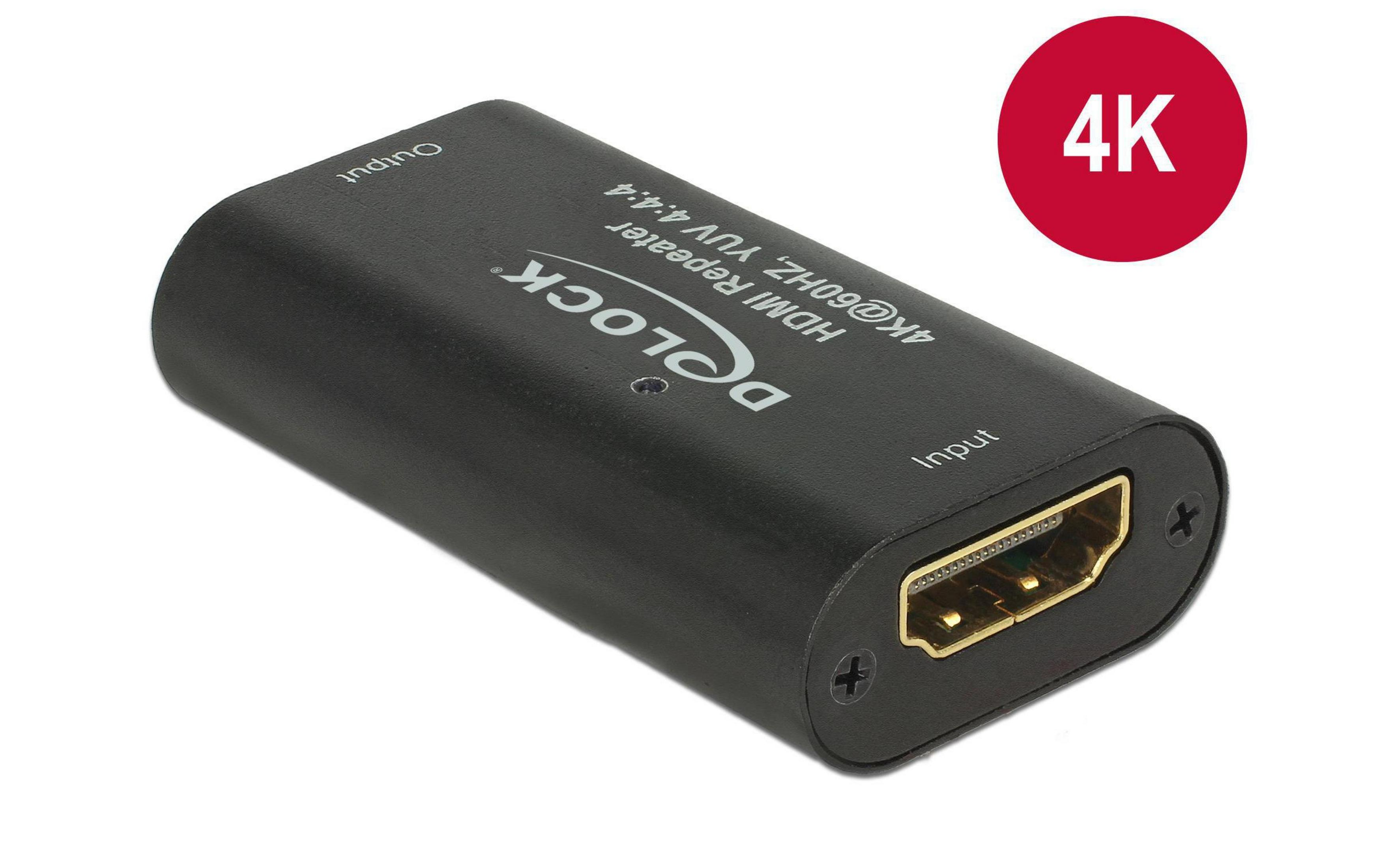 Ripetitore HDMI nero per 4K@60Hz con etichette 'Input' e 'Output'.