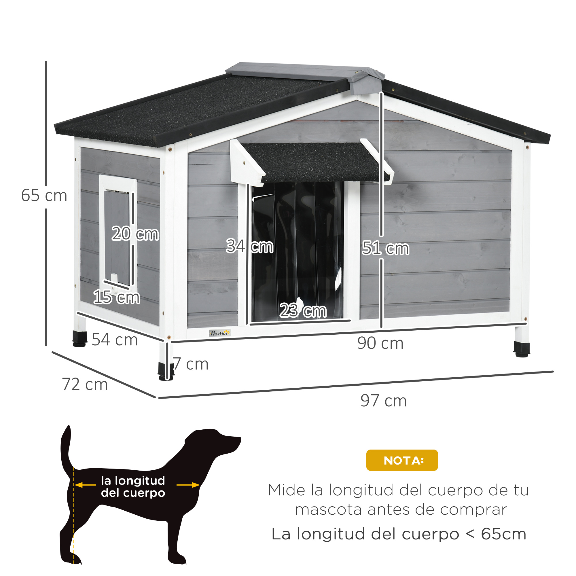 Caseta de perro gris con dimensiones y silueta de perro.