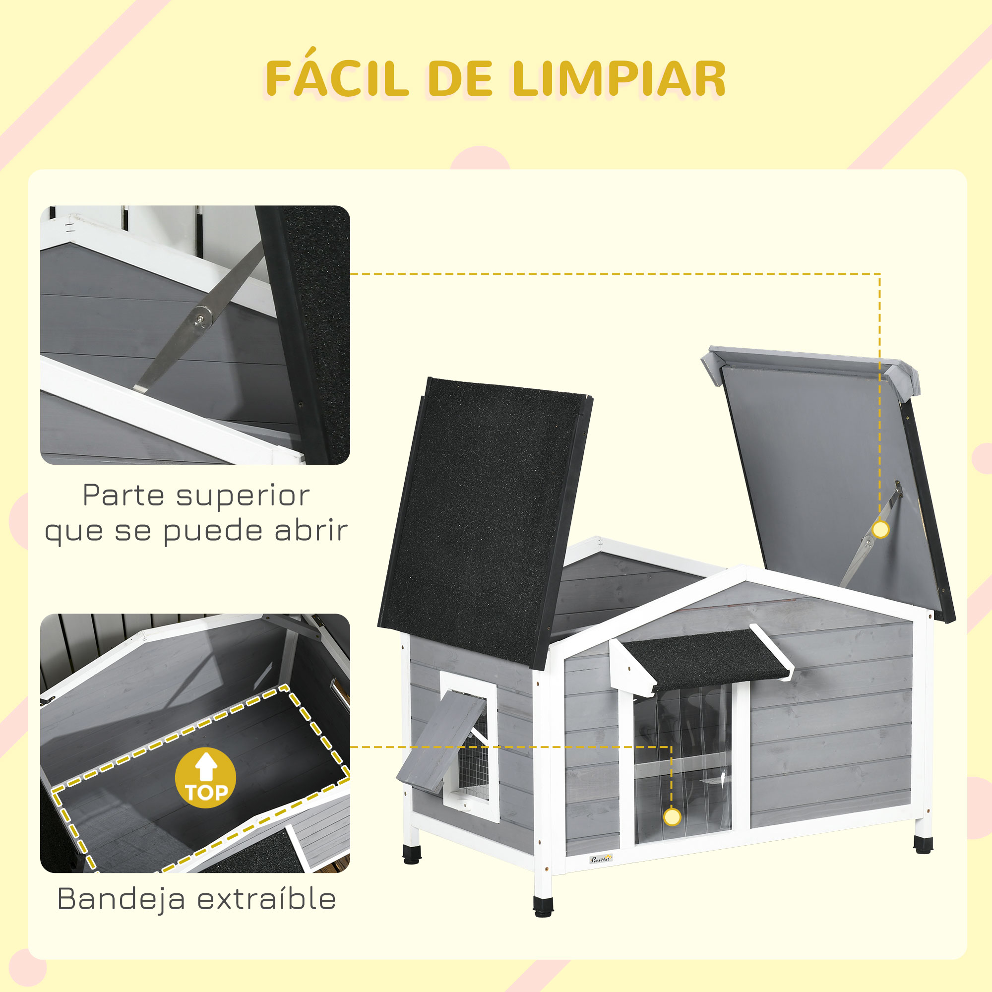 Casa de madera gris con techo abatible y bandeja extraíble.