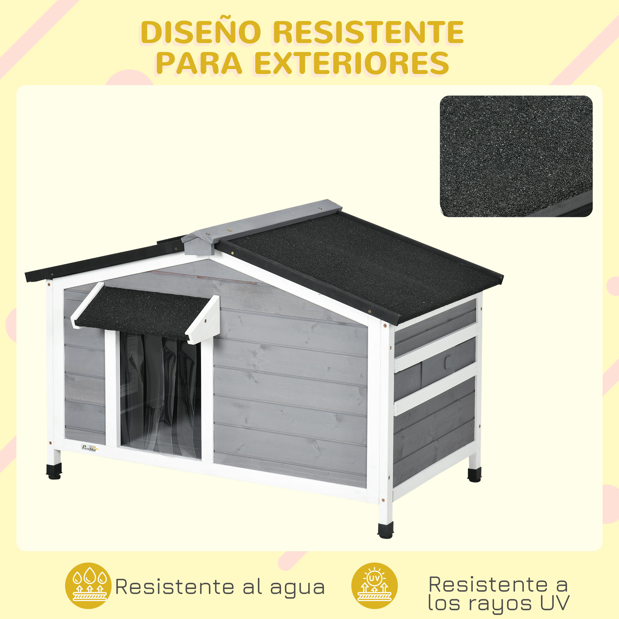 Casa de perro de madera gris con techo negro y puerta transparente.