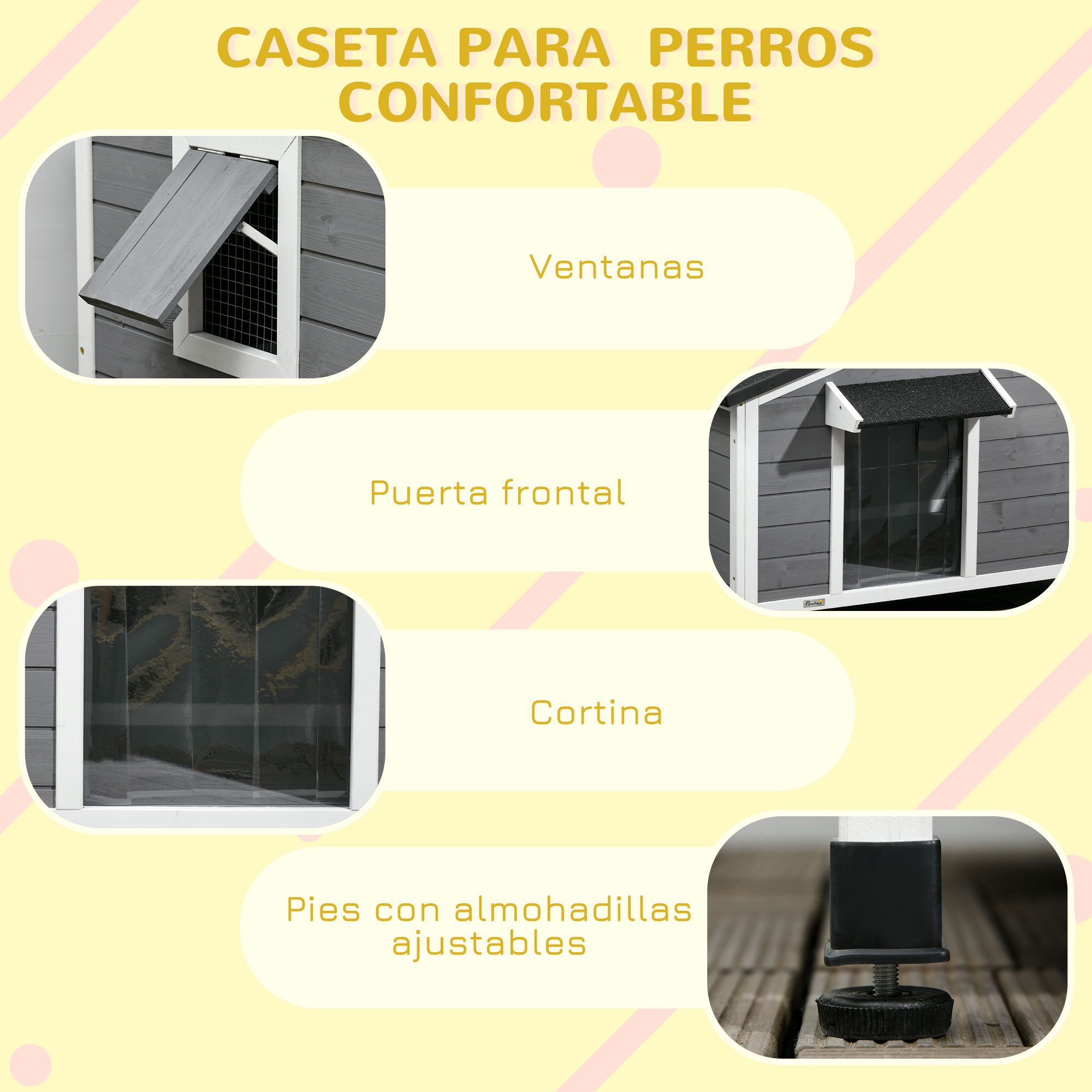 Una caseta para perros con ventanas, puerta, cortina y patas ajustables.