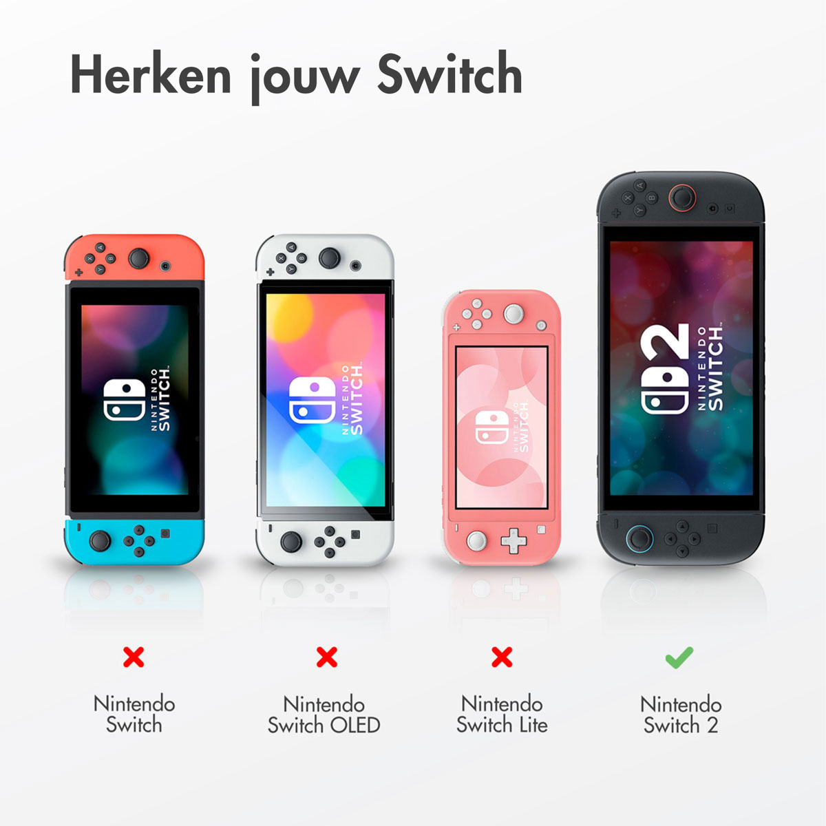 Quattro console Nintendo Switch in vari colori e dimensioni.