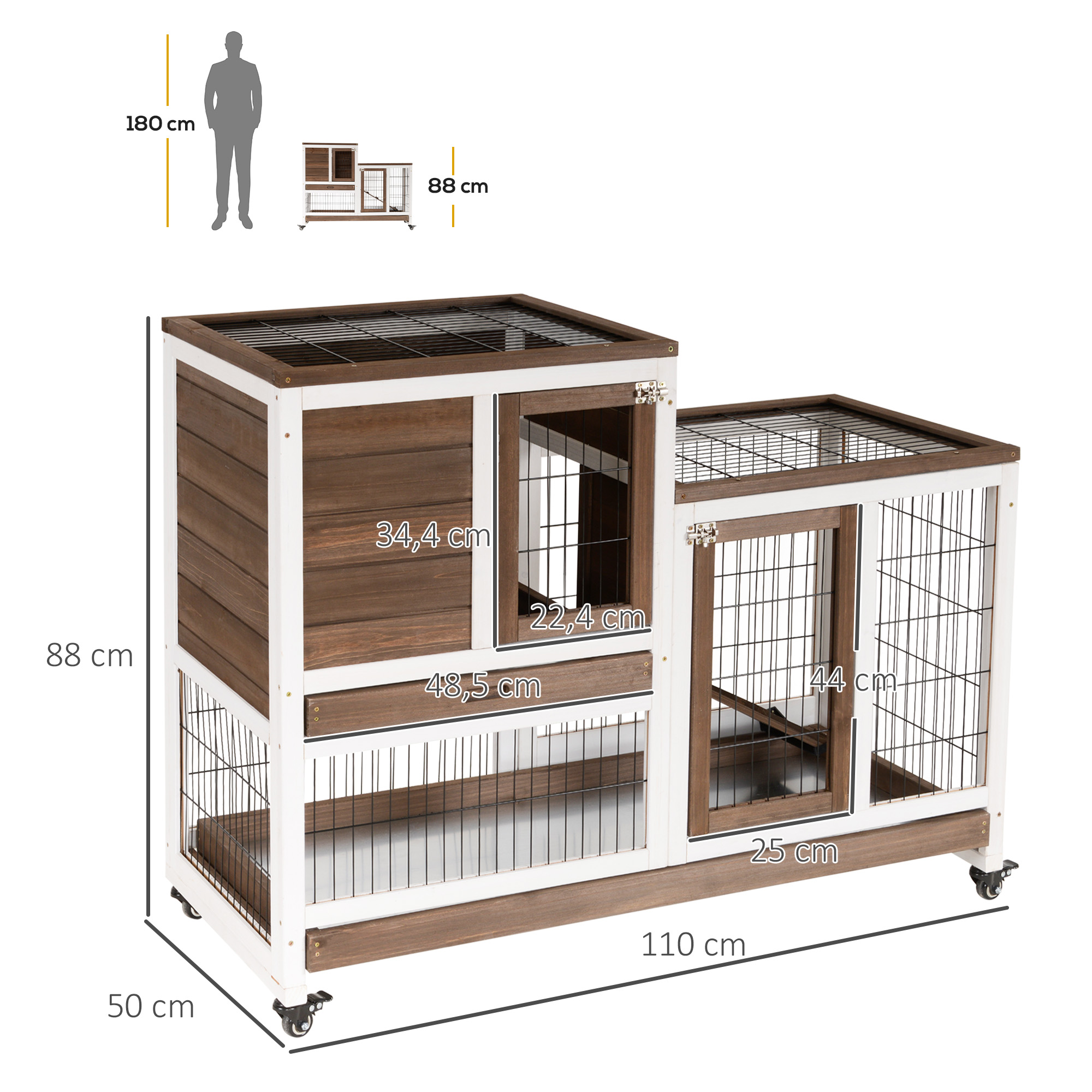 Jaula para animales pequeños de dos niveles con partes de madera y malla.