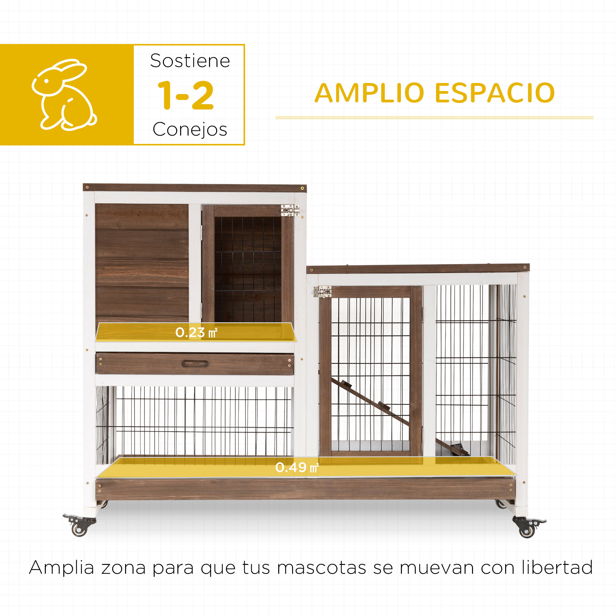 Conejera de madera con puertas de reja y ruedas. Capacidad para 1-2 conejos. Espaciosa.