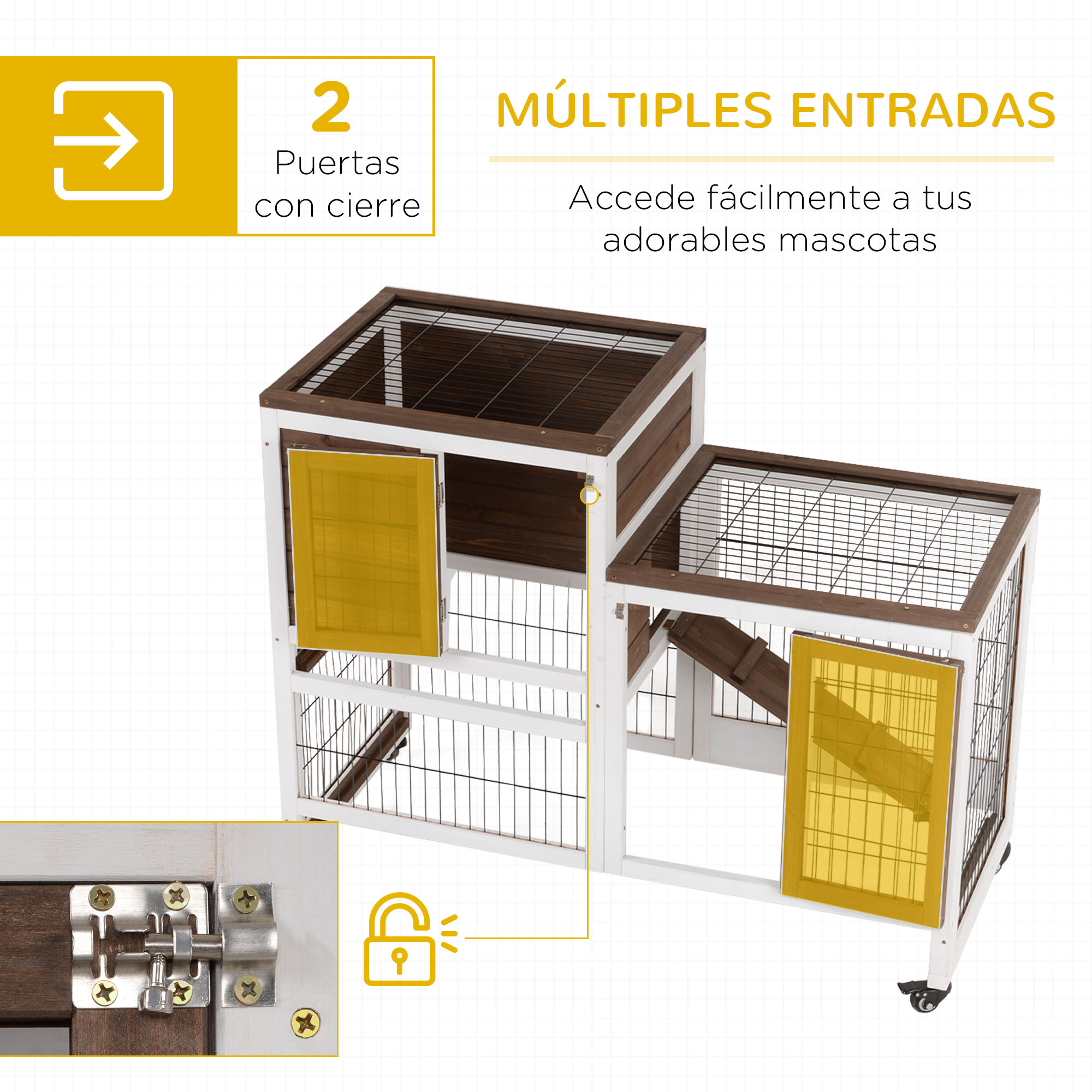 Jaula de madera y blanca con dos puertas amarillas y un candado.
