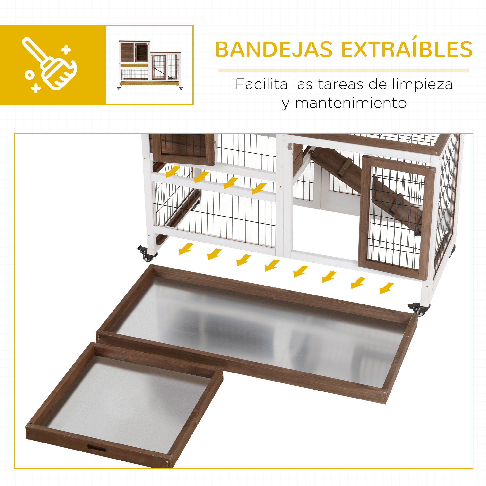 Jaula de madera y blanca para mascotas con dos bandejas extraíbles debajo.