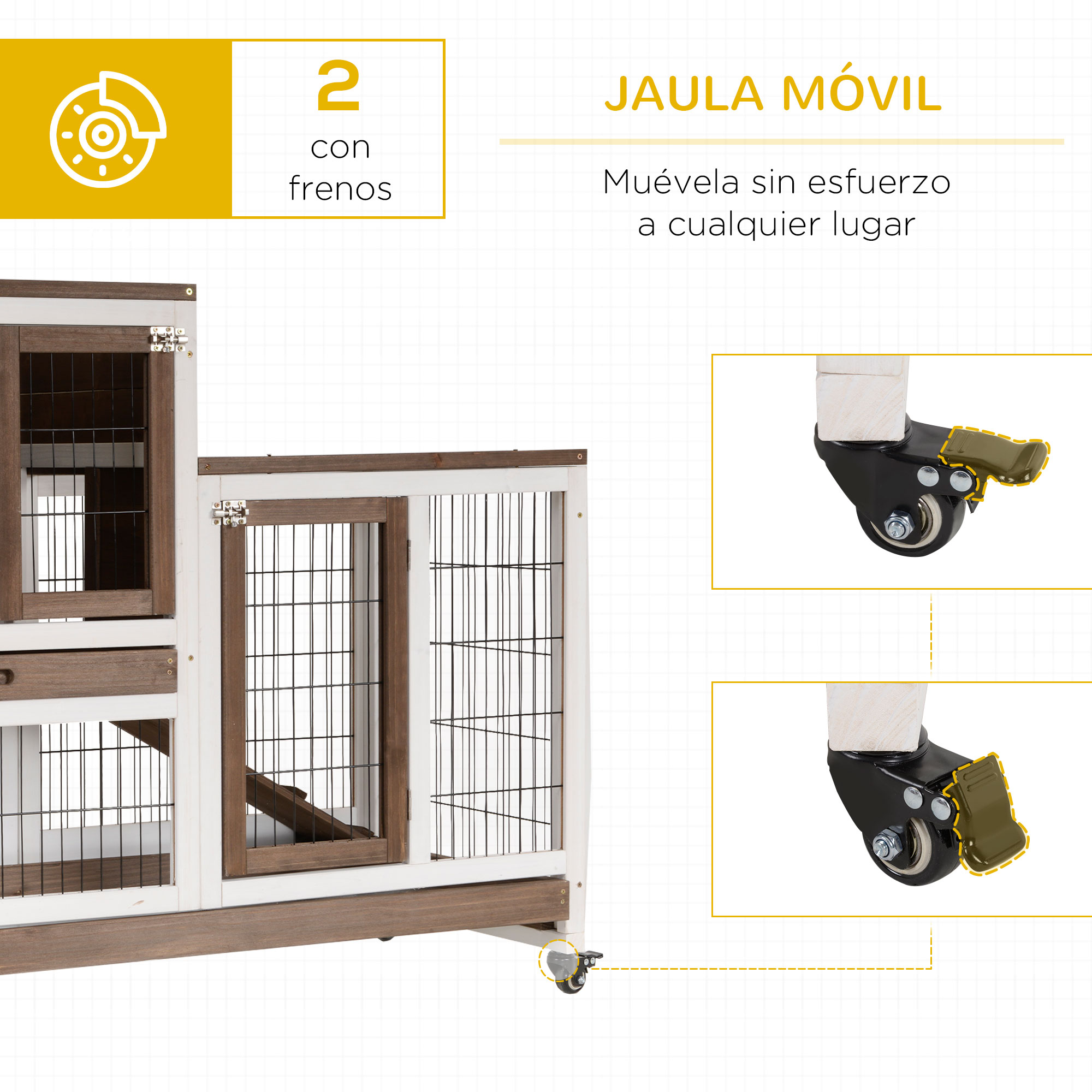 Una jaula blanca y marrón con ruedas y frenos.