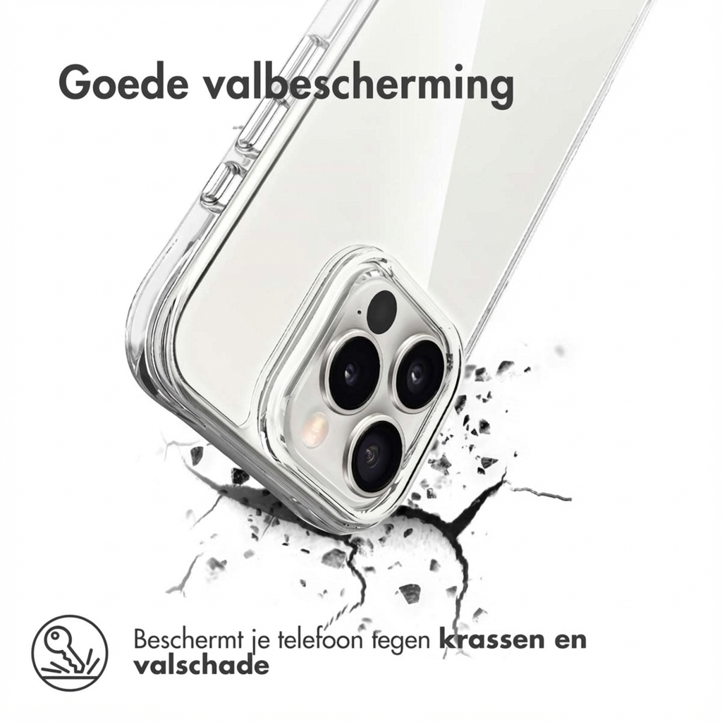 Transparante telefoonhoes met valbescherming op een gebroken achtergrond.