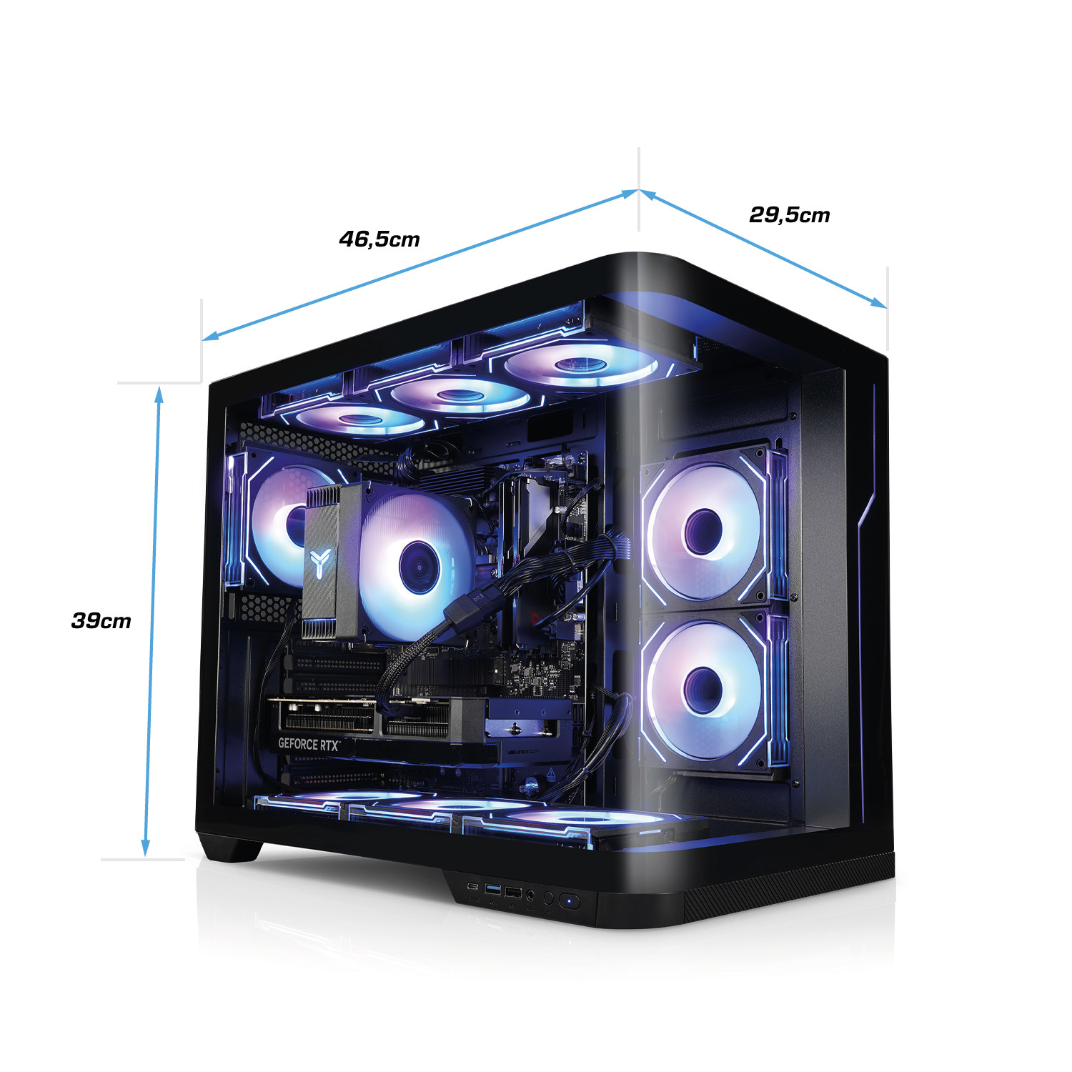 Een zwarte pc-kast met RGB-ventilatoren, afmetingen 46,5x29,5x39cm.