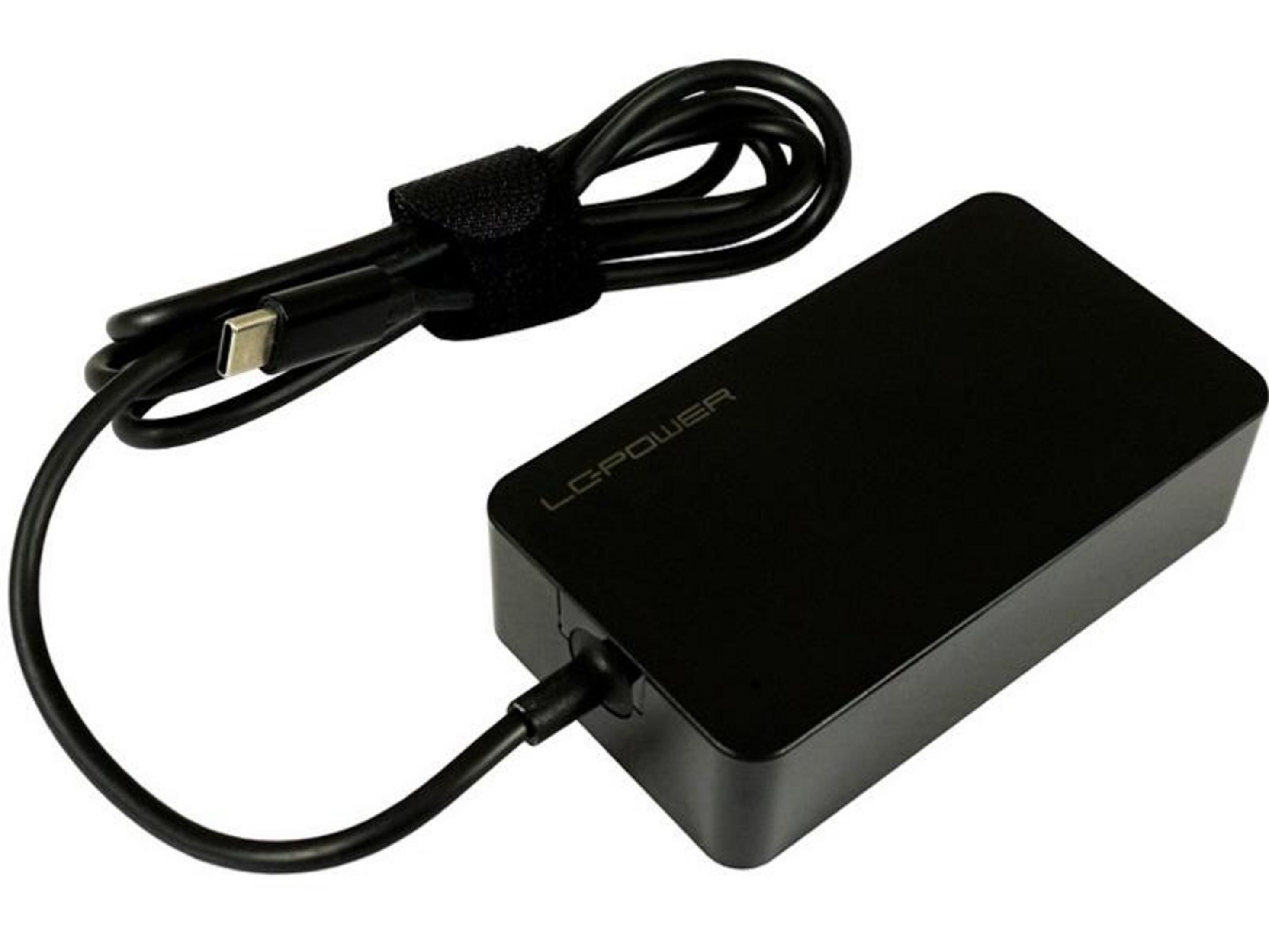 Czarny zasilacz do laptopa z kablem USB-C i paskiem na rzep.