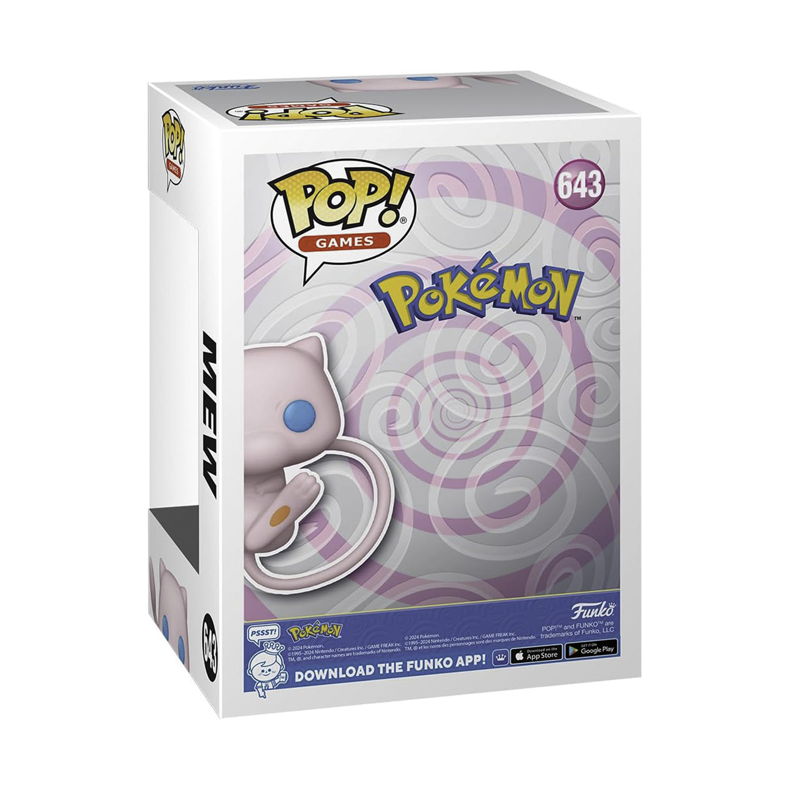Funko Pop! Pokémon Mew Figur 643 auf weißer Box mit rosa Wirbeln.