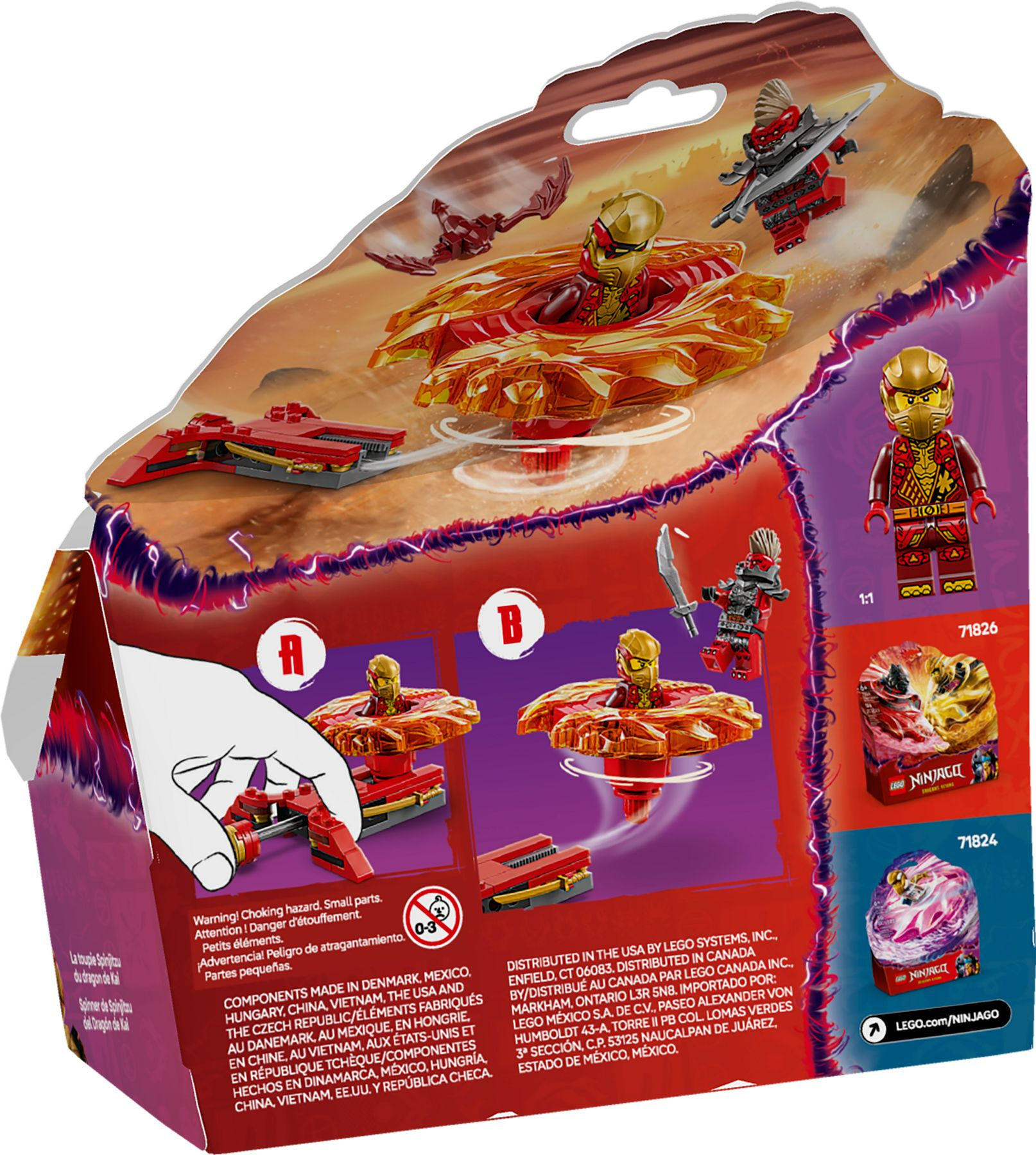 LEGO Ninjago Spinjitzu-Spielzeug mit Figuren in roten und goldenen Rüstungen, die sich in Wirbeln drehen.