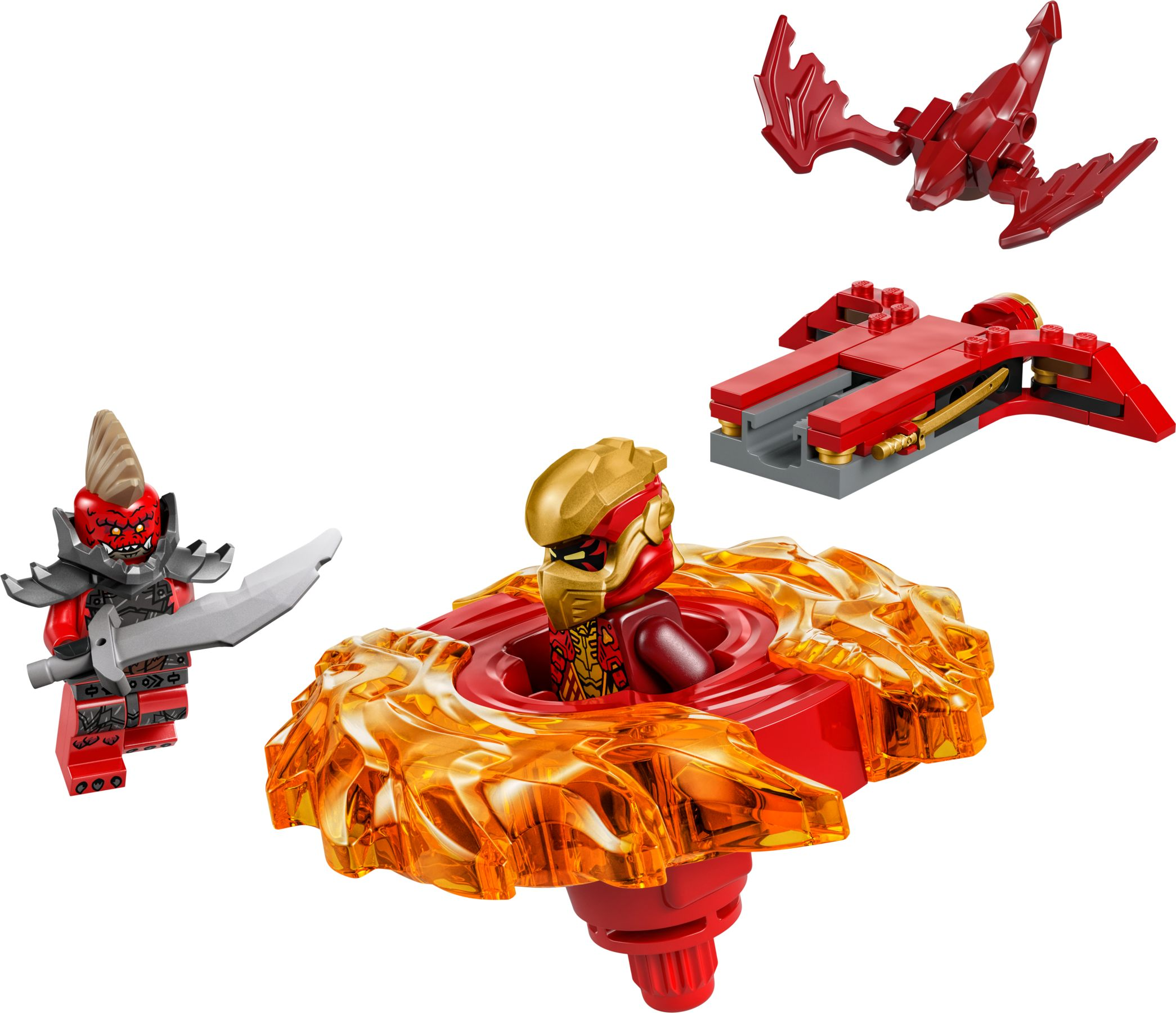 Rote Lego-Figuren: ein Krieger mit Schwert, ein Spinner mit Flammen und ein Drachen-Flieger.