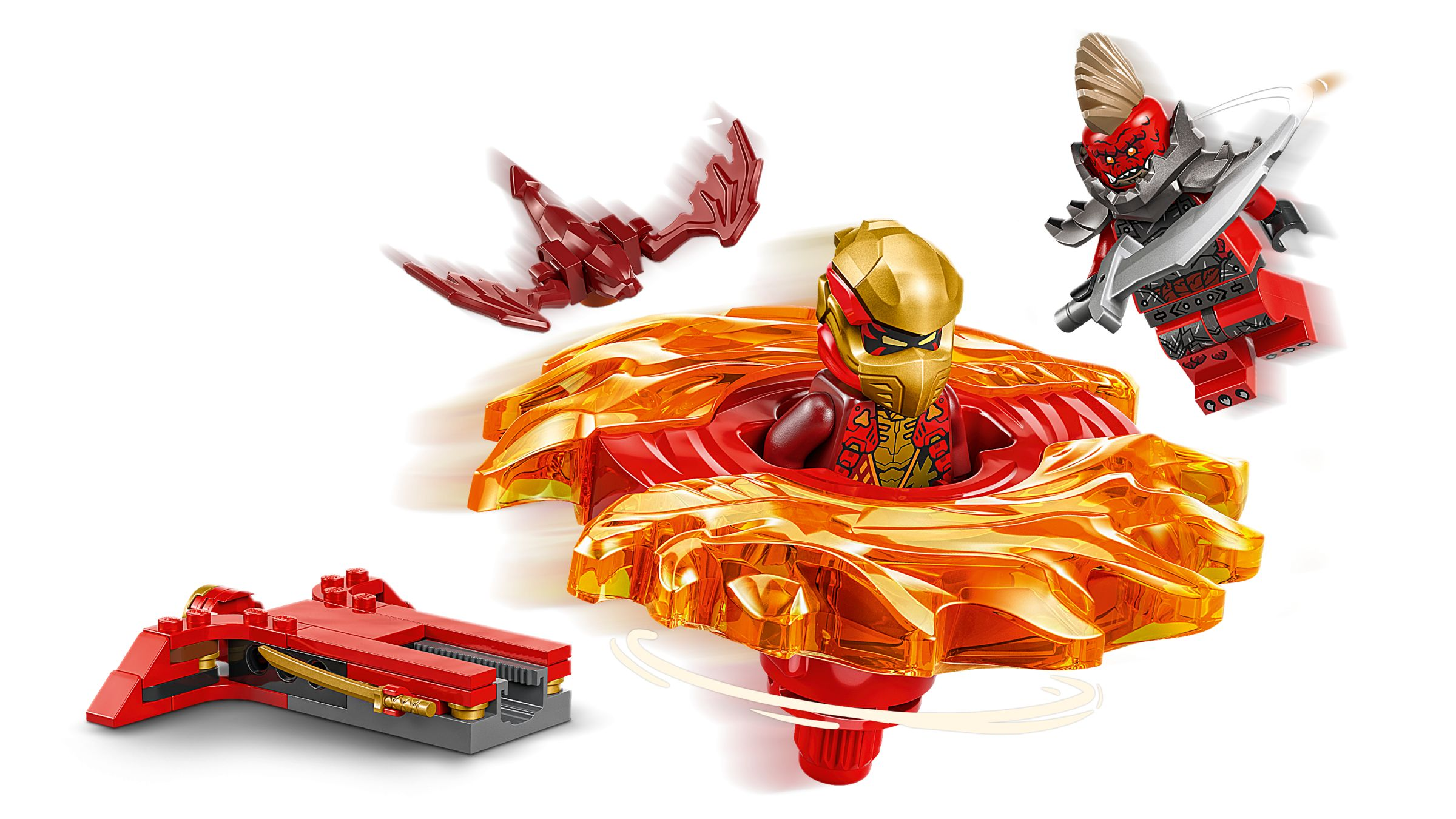 Rote und goldene Lego-Figuren mit einem rot-orangen Spinner und einem roten Fahrzeug.