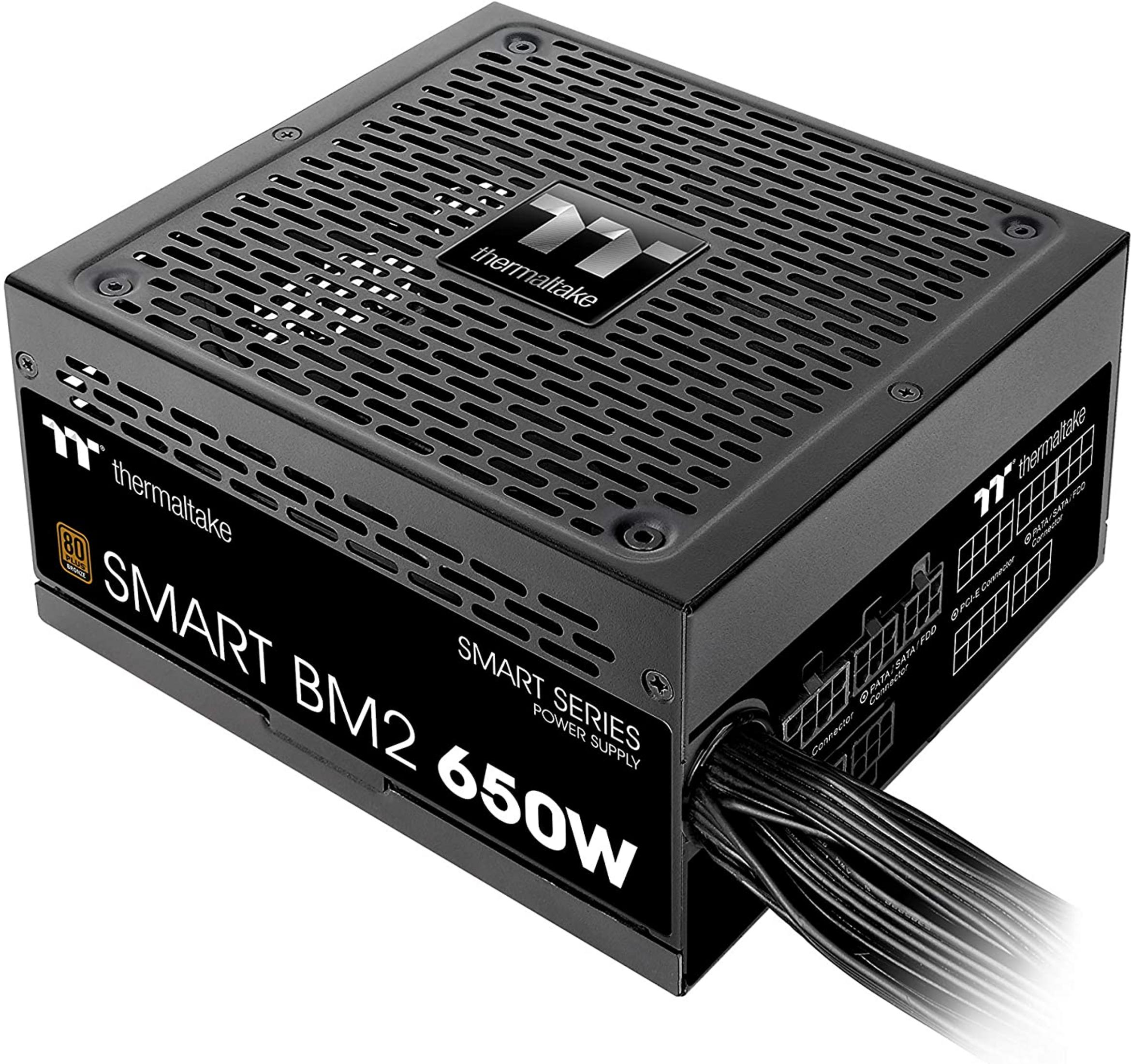 Bloc d'alimentation noir Thermaltake SMART BM2 650W avec grille et câbles.