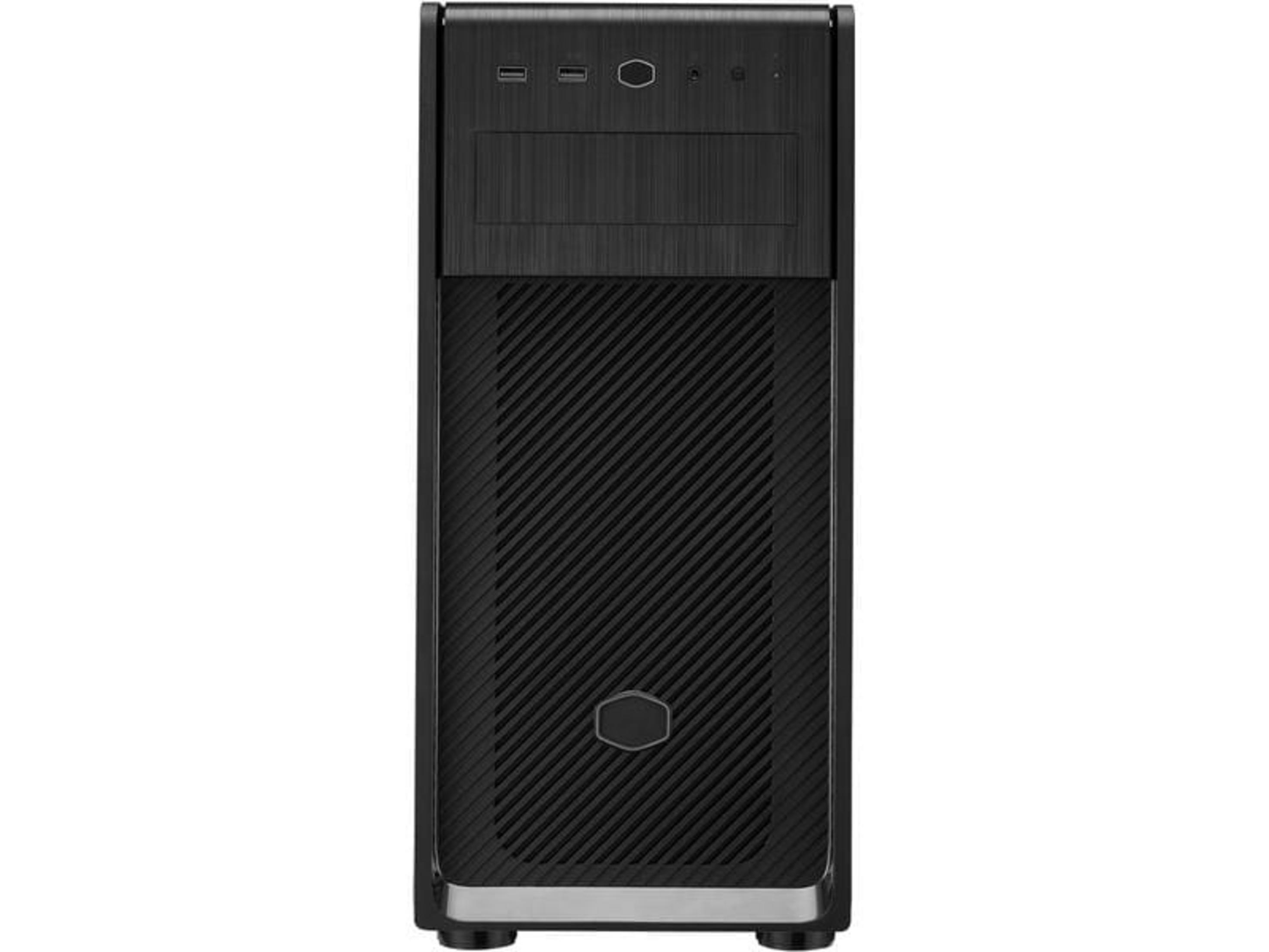 A black computer tower with vents and control buttons on the front.