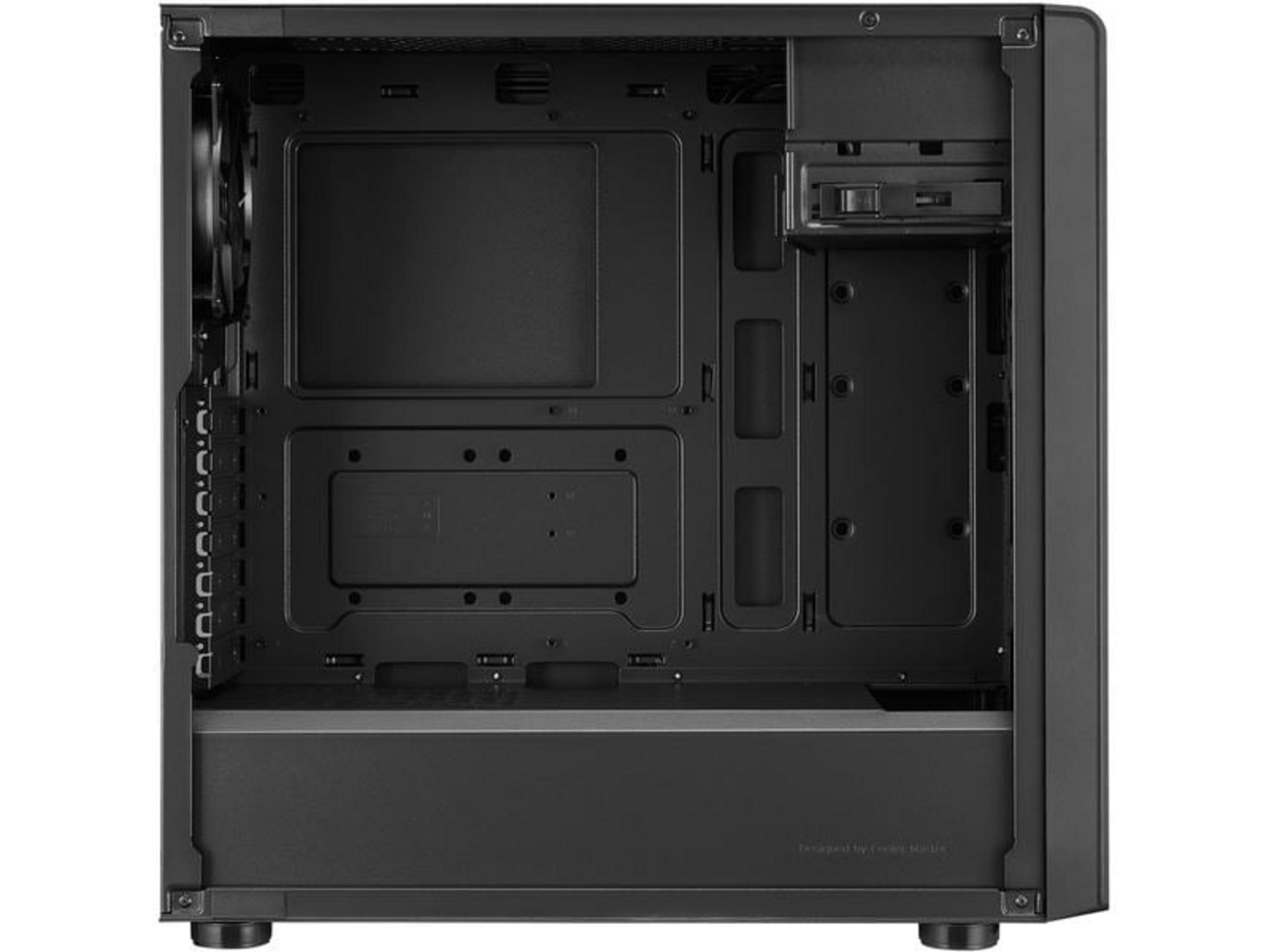 A black computer case with fan and drive bays.