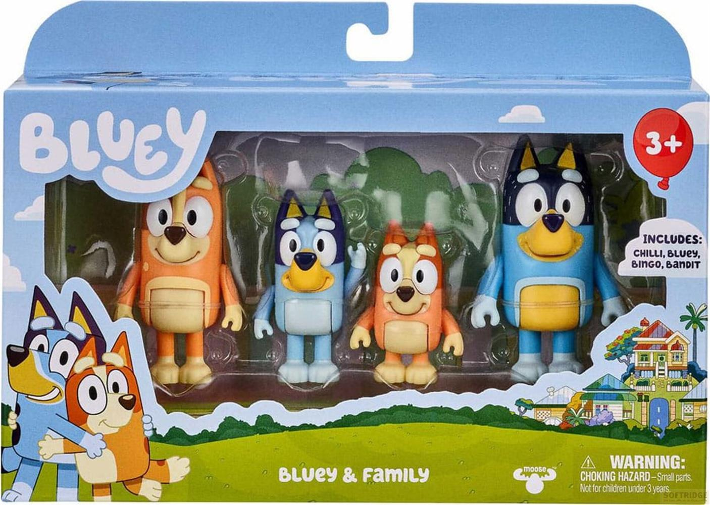 Set de jouets Bluey et Famille avec quatre personnages dans un emballage.