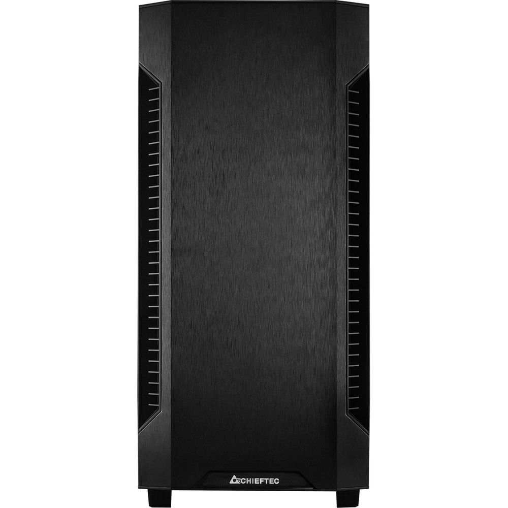 Czarna obudowa komputera z pionowymi otworami wentylacyjnymi po bokach.