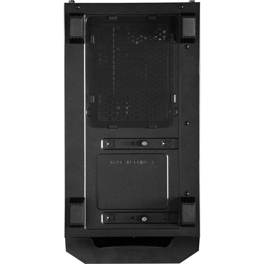 Tył czarnej obudowy komputera z kratką wentylacyjną i etykietą.
