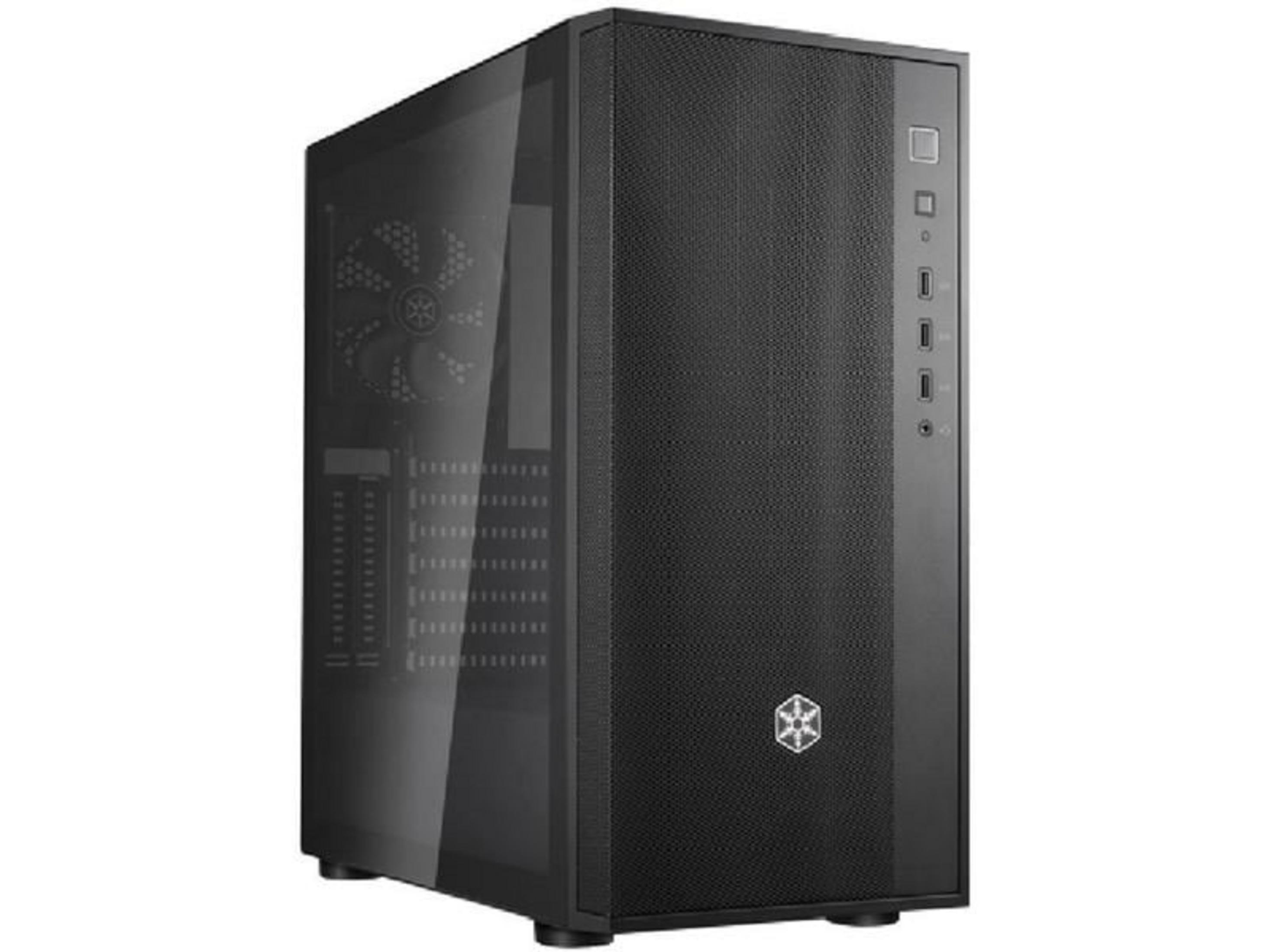 Case PC nero con frontale in vetro e vista ventola, con porte.