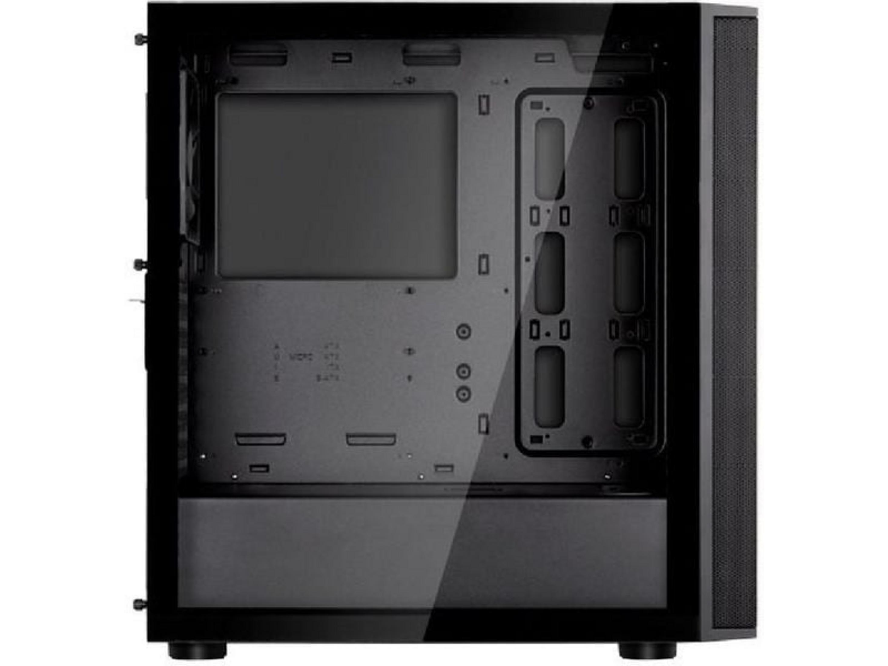 Case del computer nero con frontale in vetro e griglia ventola a destra.