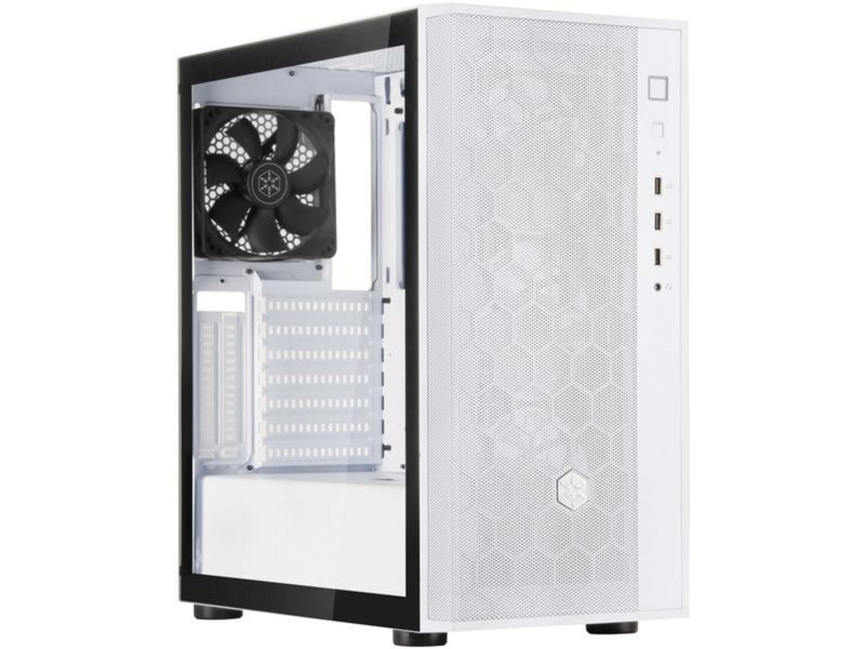 Een witte computerkast met glazen raam, ventilator en poorten.