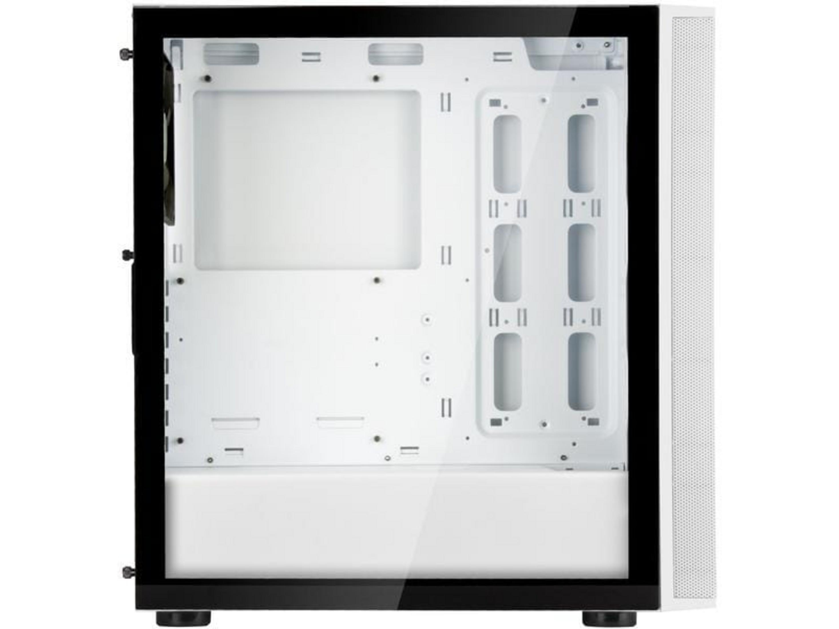 Een lege witte pc-behuizing met een doorzichtig zijpaneel en zwart frame.