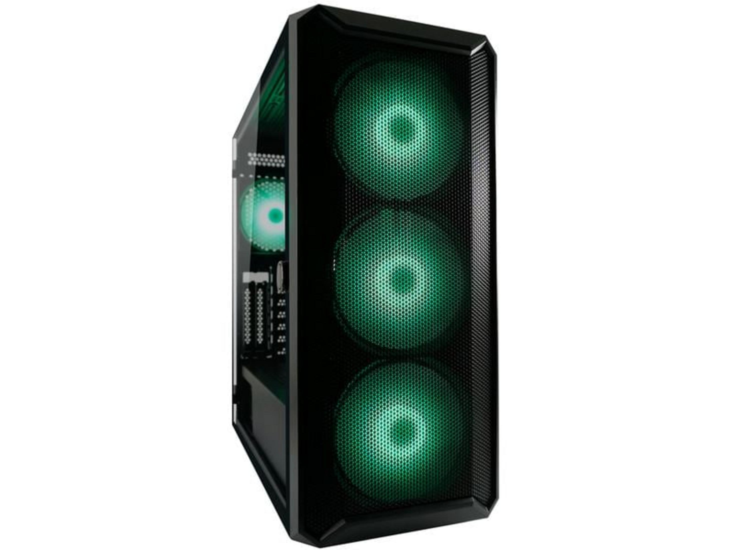 Czarna obudowa komputera z trzema świecącymi na zielono wentylatorami z przodu.